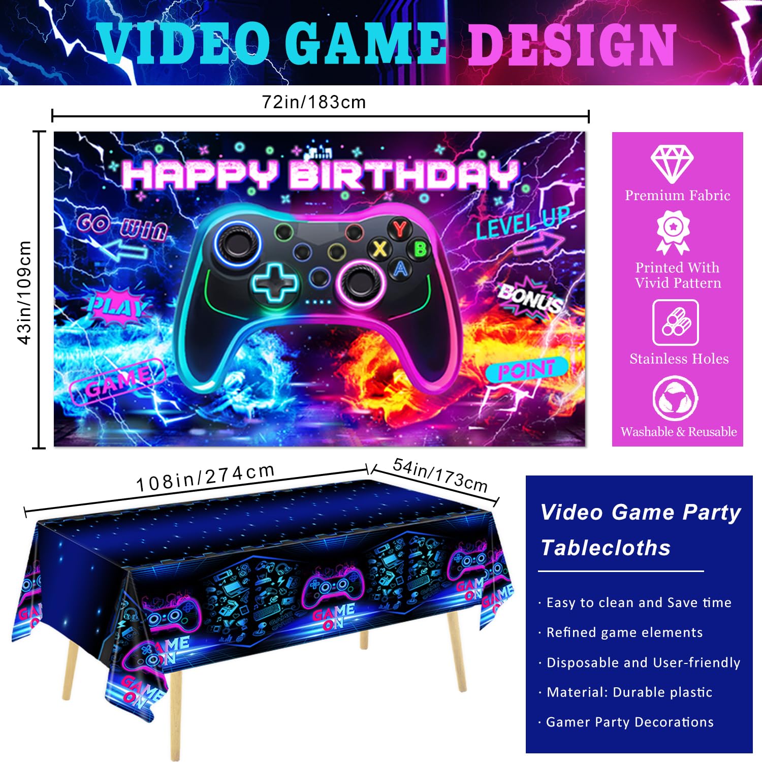 Video Game Birthday Party Decorations Set - Backdrop, Foil Balloons, Tablecloth, Cake Toppers & Balloon Arch Kit for Boys Gaming Theme Celebration | Perfect for Gaming Enthusiast Birthday Parties & Themed Events