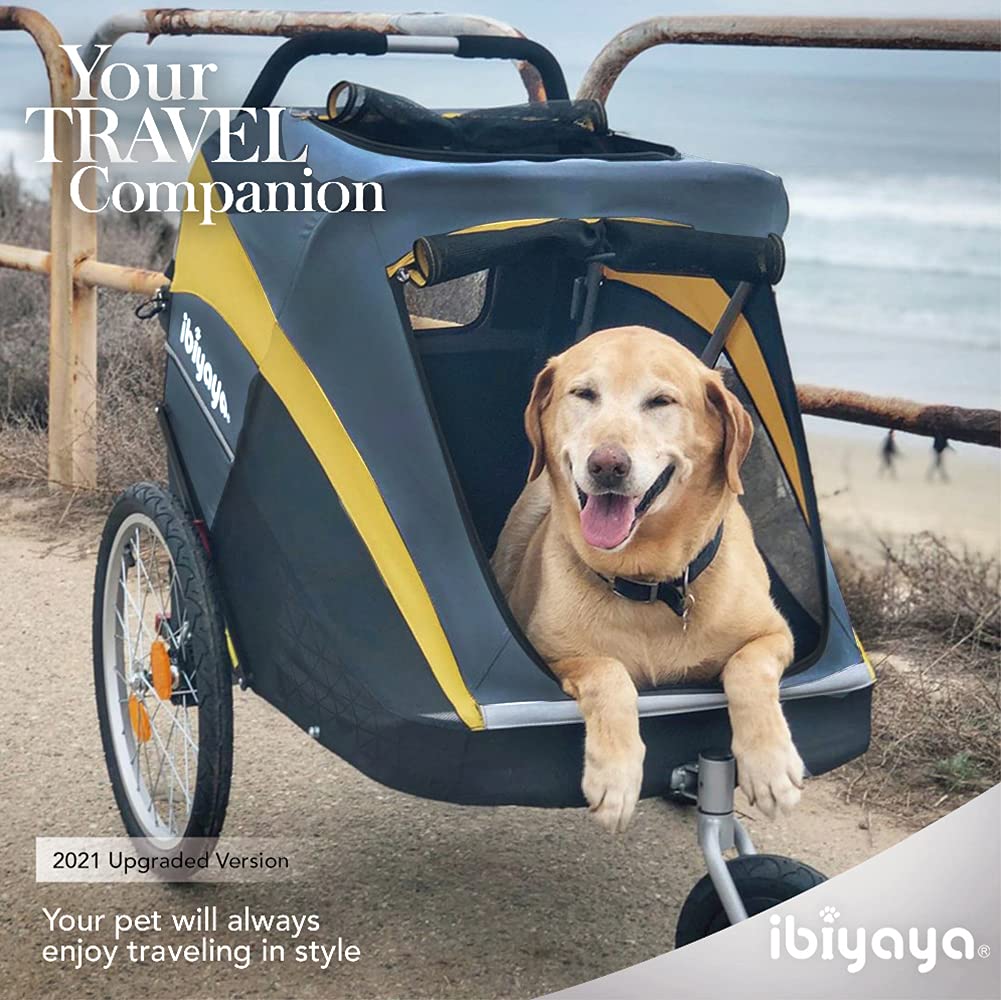 Ibiyaya Hercules Large Dog Stroller for Big Dogs & Cats - Foldable Pet Carrier with Spacious Interior & Air-Filled Tires for Smooth Ride - Black & Yellow - Perfect for Outdoor Walks, Vet Visits & Shopping Trips