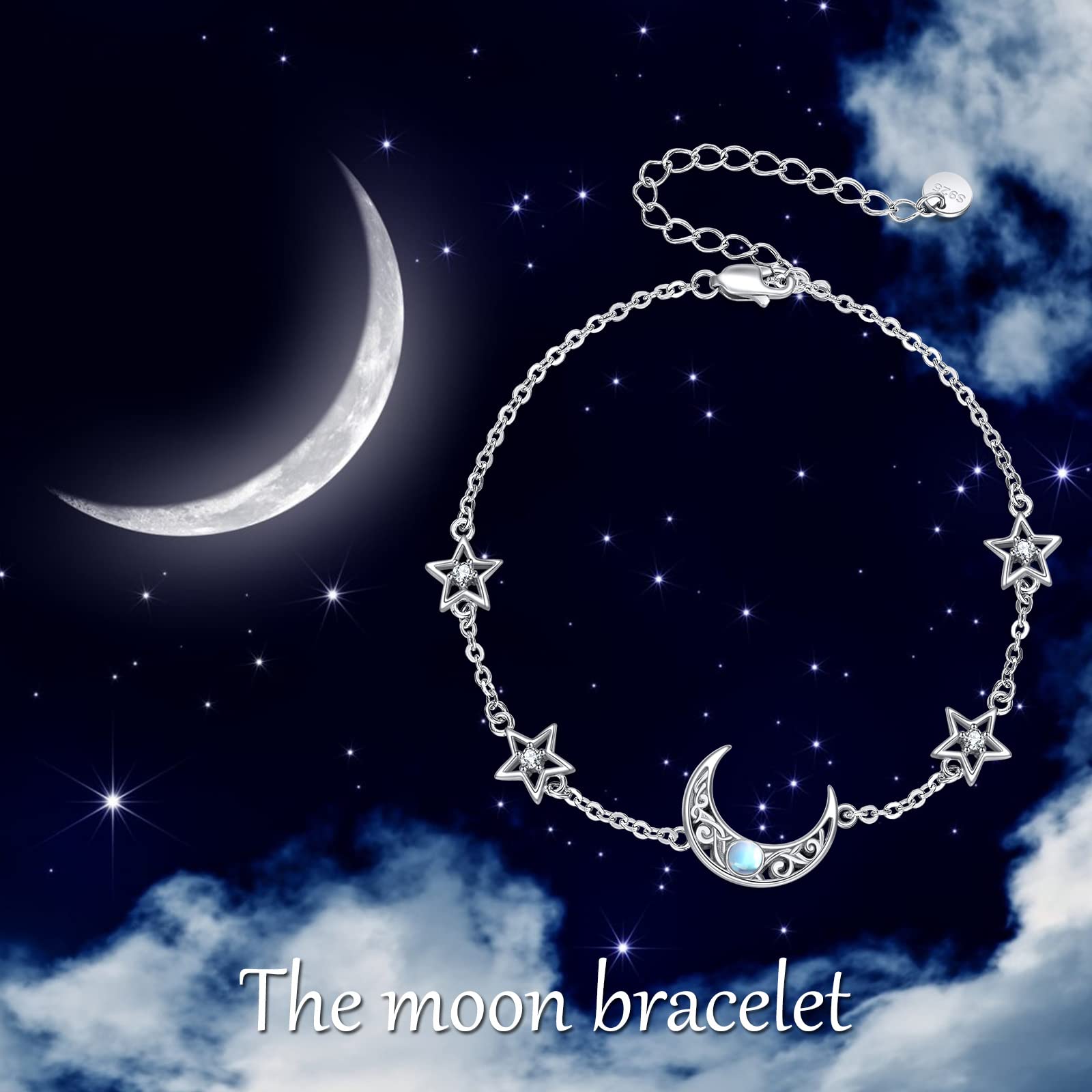 CRMAD Moonstone Sterling Silver Anklet for Women - Moon, Star, Daisy, Turquoise & Rose Flower Charms - Irish Jewelry for Beach, Yoga & Boho Fashion