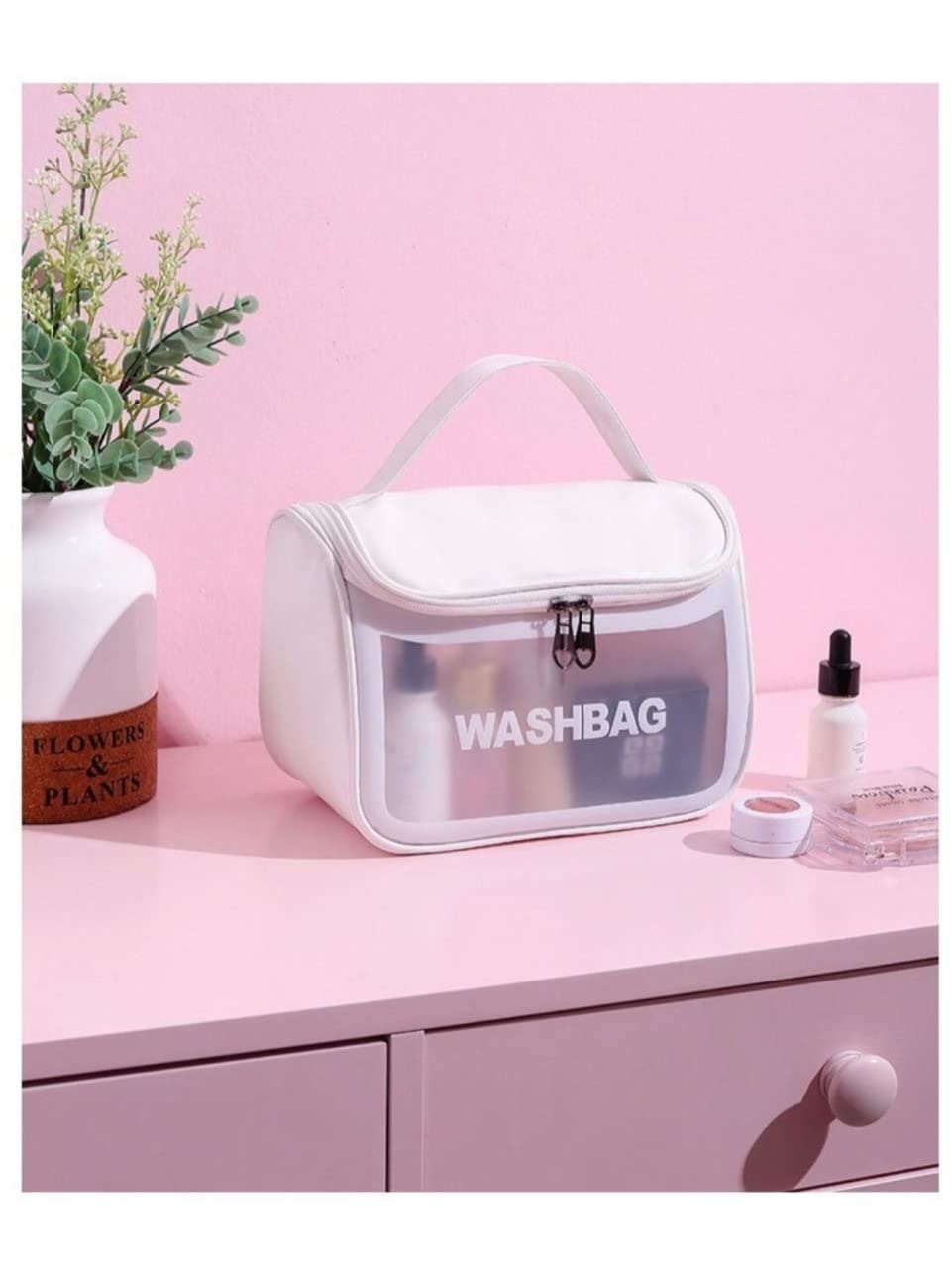 Waterproof Clear Travel Toiletries Bag - PVC Cosmetic Makeup Organizer Pouch for Women | Portable Bathroom Essentials Case for Business Trips, Vacations & Gym (White)