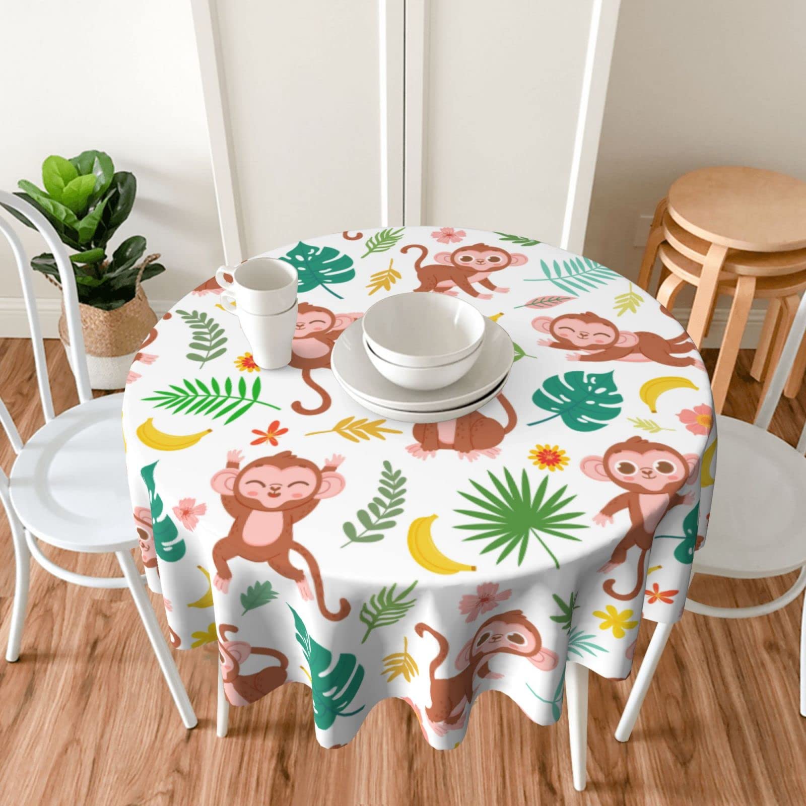 60 Inch Round Monkey Themed Tablecloth - Waterproof Spill Proof Table Cover with Baby Monkey, Banana & Tropical Leaves Design for Birthday Party, Picnic, Camping, Dinner & Outdoor Decor