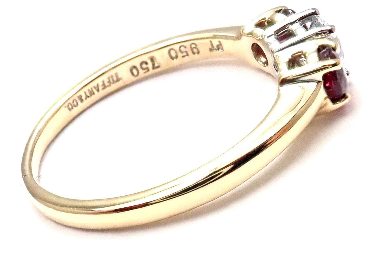 Authentic Tiffany & Co 18k Gold Platinum Three Stone Diamond Ruby Band Ring for Women - Elegant Wedding, Engagement & Anniversary Jewelry Gift