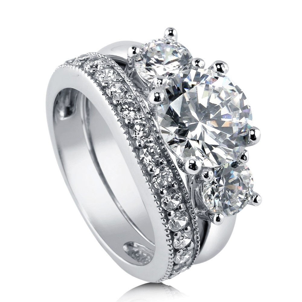 BERRICLE Sterling Silver 3-Stone Wedding & Engagement Ring Set - 2.4 Carat Round Cut Cubic Zirconia CZ Rings for Women, Rhodium Plated, Size 4-10 - Perfect for Proposals, Anniversaries & Special Occasions