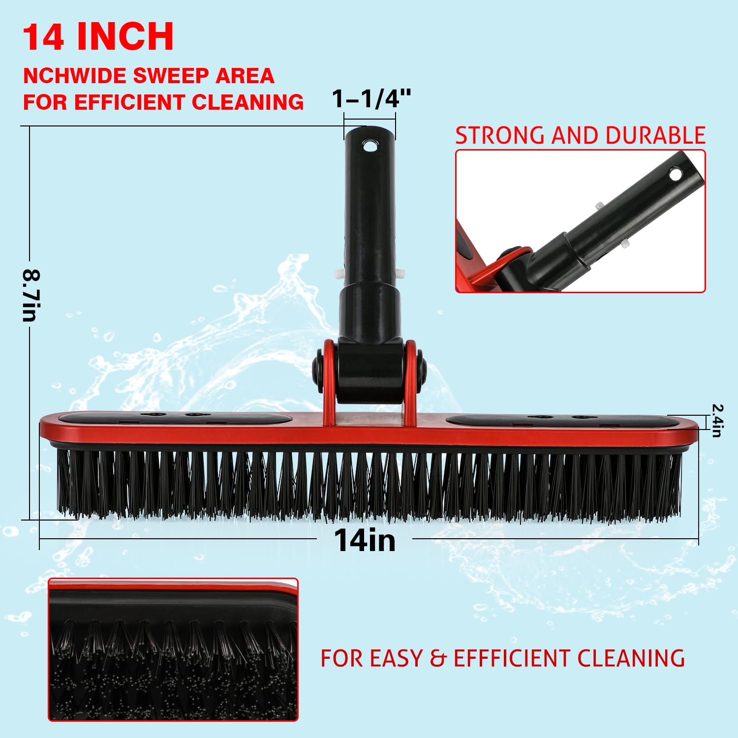 Heavy-Duty Pool Brush Head for Inground Pools - Durable Pool Scrub Brush with Reinforced Bristles for Cleaning Pool Walls and Floors - Red Plastic Swimming Pool Cleaning Brush - Perfect for Weekly Pool Maintenance and Deep Cleaning
