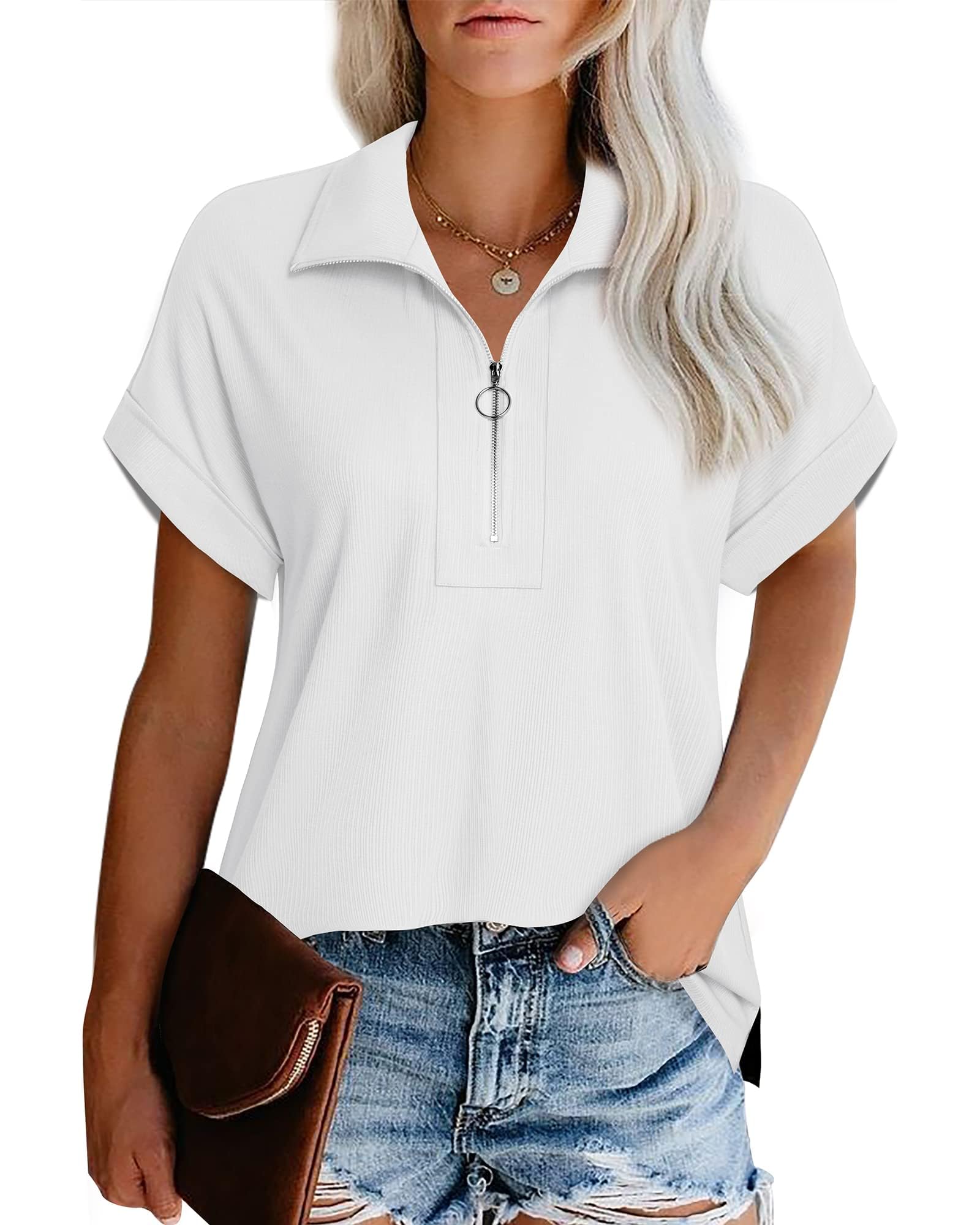 Vivilli Women's Short Sleeve Polo Shirt - Zippered Collar Business Casual Top, Loose Fit Work Shirt, White, Medium | Perfect for Office Wear, Business Meetings & Casual Outings
