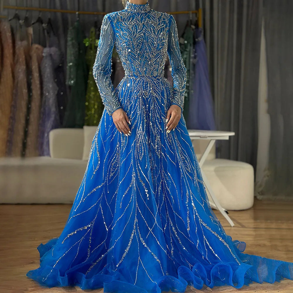 Elegant Blue Beaded A-Line Muslim Evening Dress for Women - Luxury Dubai Abaya Gown for Wedding, Party & Special Occasions | Serene Hill Collection 2025 LA72302A | Perfect for Formal Events, Evening Galas & Bridal Showers