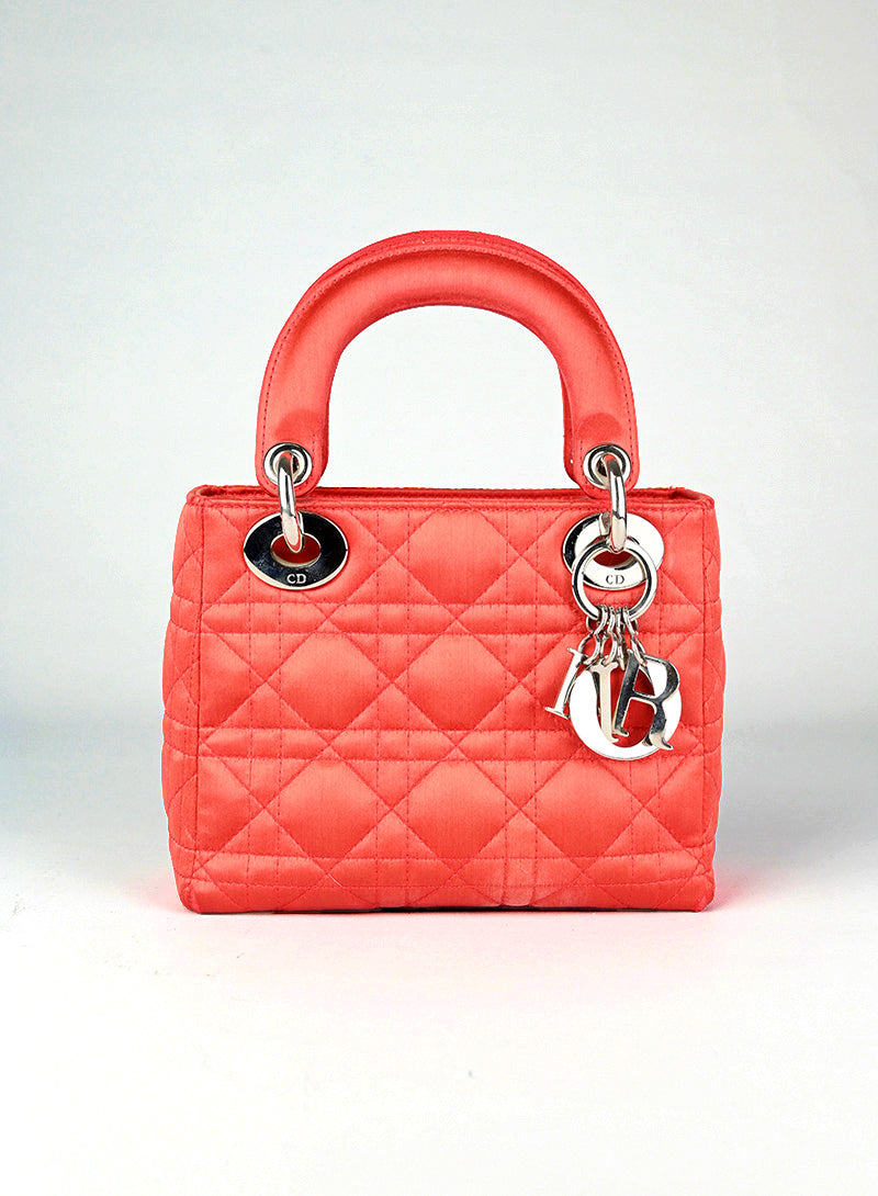 Dior Lady Dior Mini Coral Satin Handbag - Luxury Crossbody Bag for Women, Perfect for Evening Parties & Special Occasions