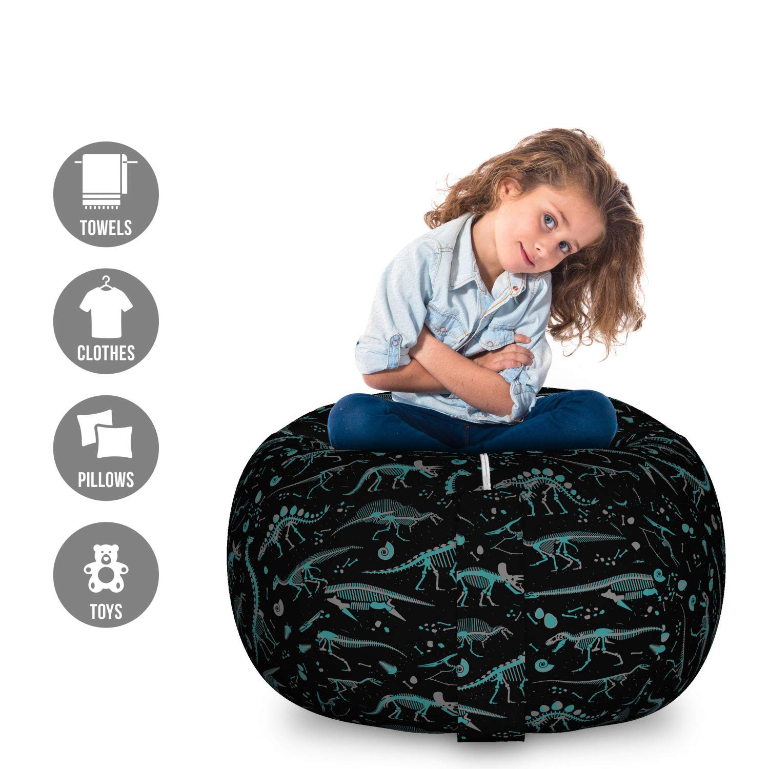 Dinosaur Toy Storage Bag Chair - Large Washable Organizer with Fossil Pattern & Egg Design, Grey Green - Perfect for Kids' Room, Playroom & Stuffed Animal Organization