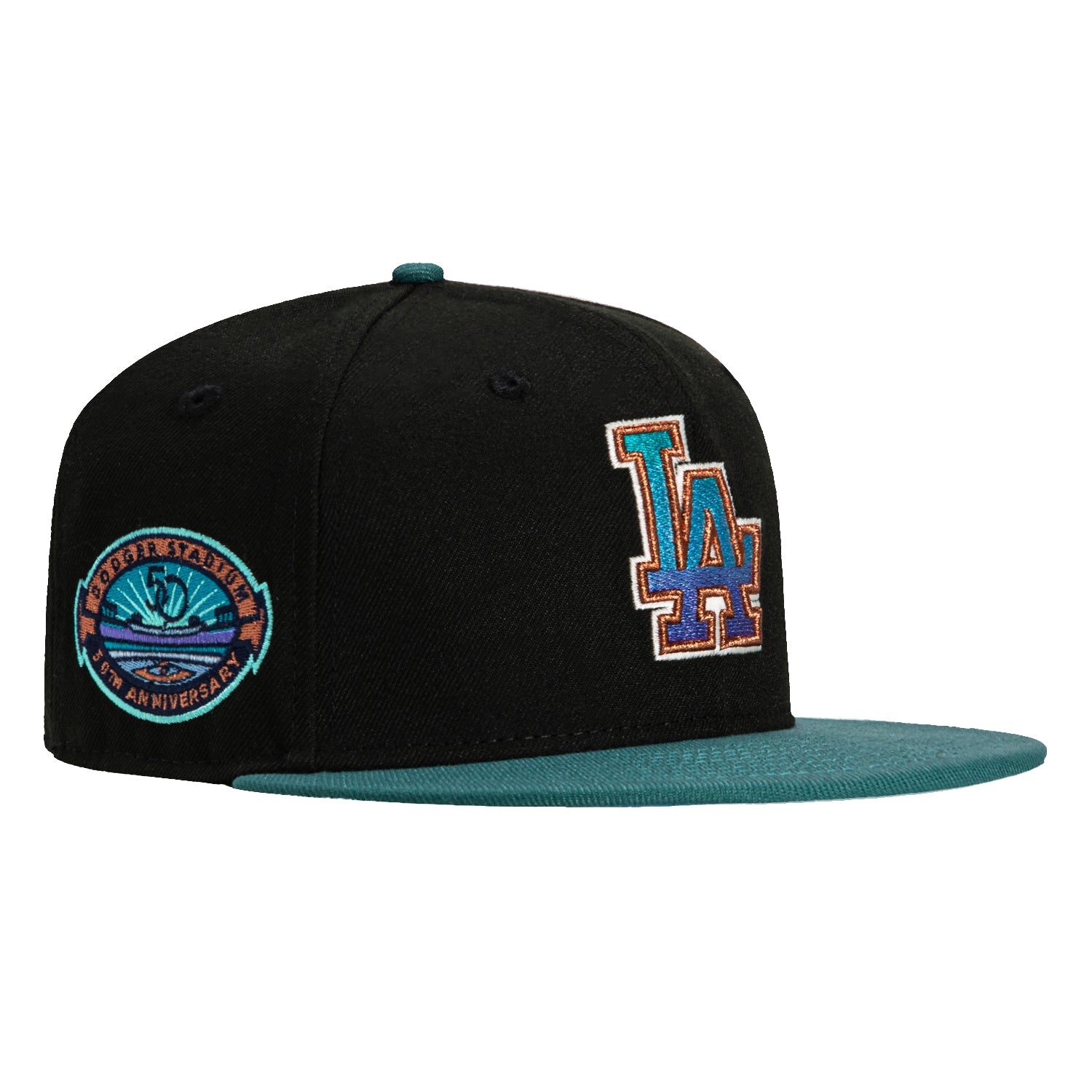 New Era 59Fifty Los Angeles Dodgers 50th Anniversary Winter Forest Gradient Snapback Hat with Stadium Patch - Black & Green for Baseball Fans & Cold Weather Fashion