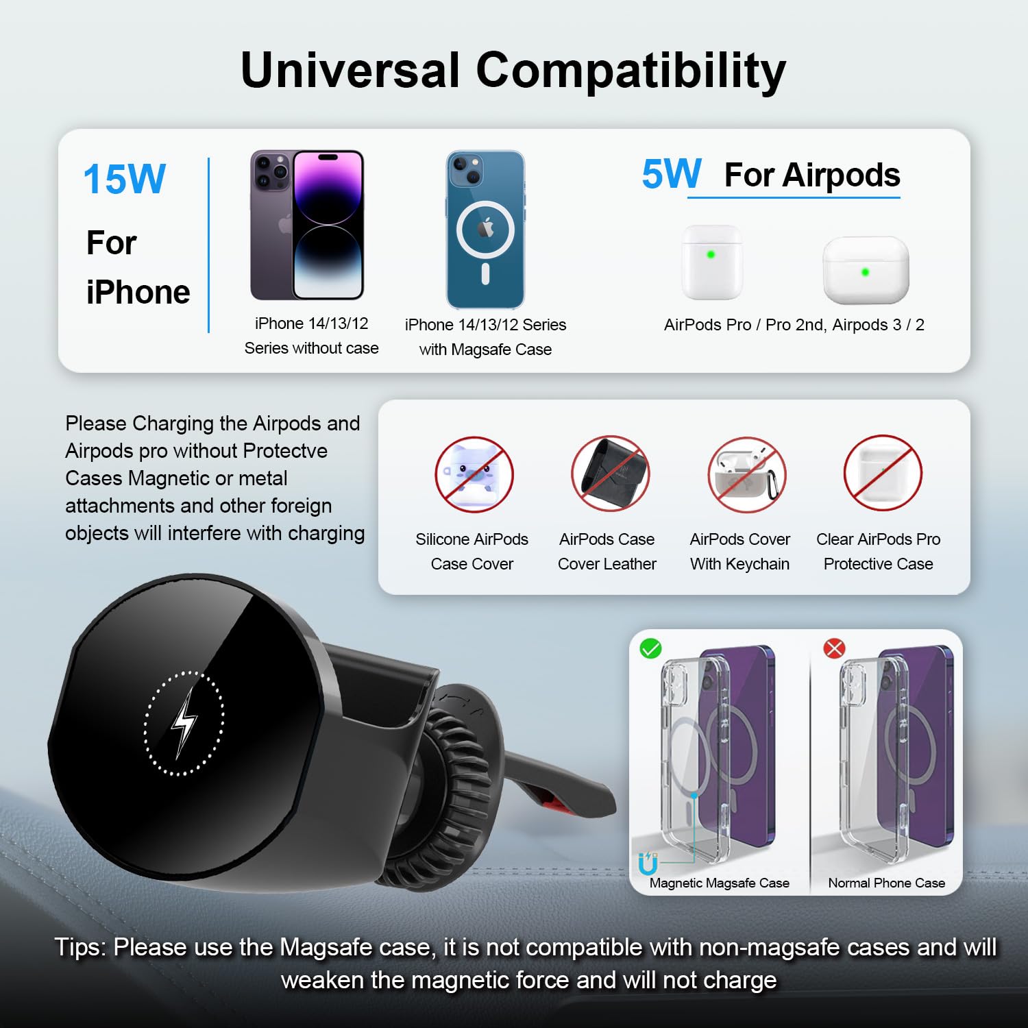 Magnetic Wireless Car Charger Mount for iPhone 14/13/12 Pro/Plus/Max/Mini & AirPods 2nd/3rd Gen - Fast Charging MagSafe Car Phone Holder with Secure Grip for Safe Driving & Hands-Free Use