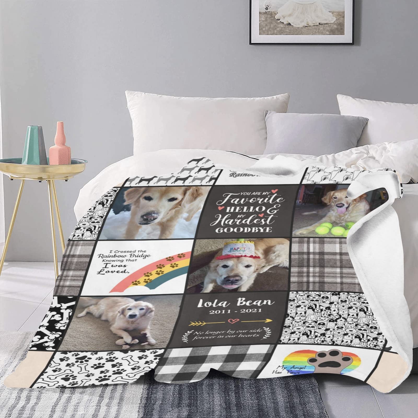 Custom Photo Collage Memorial Blanket for Dogs - Personalized Pet Loss Gift with Name & Rainbow Bridge Design - Sympathy Gift for Dog Lovers - Perfect for Comfort After Losing a Beloved Pet, Home Memorial, or Healing Gift for Dog Moms