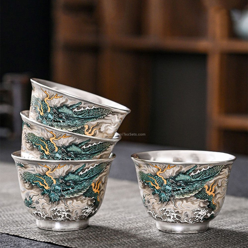 Exquisite Chinese Azure Dragon Sterling Silver Tea Set - Handcrafted Luxury Tea Service for Gifts & Traditional Ceremonies - Perfect for Afternoon Tea, Weddings & Home Decor