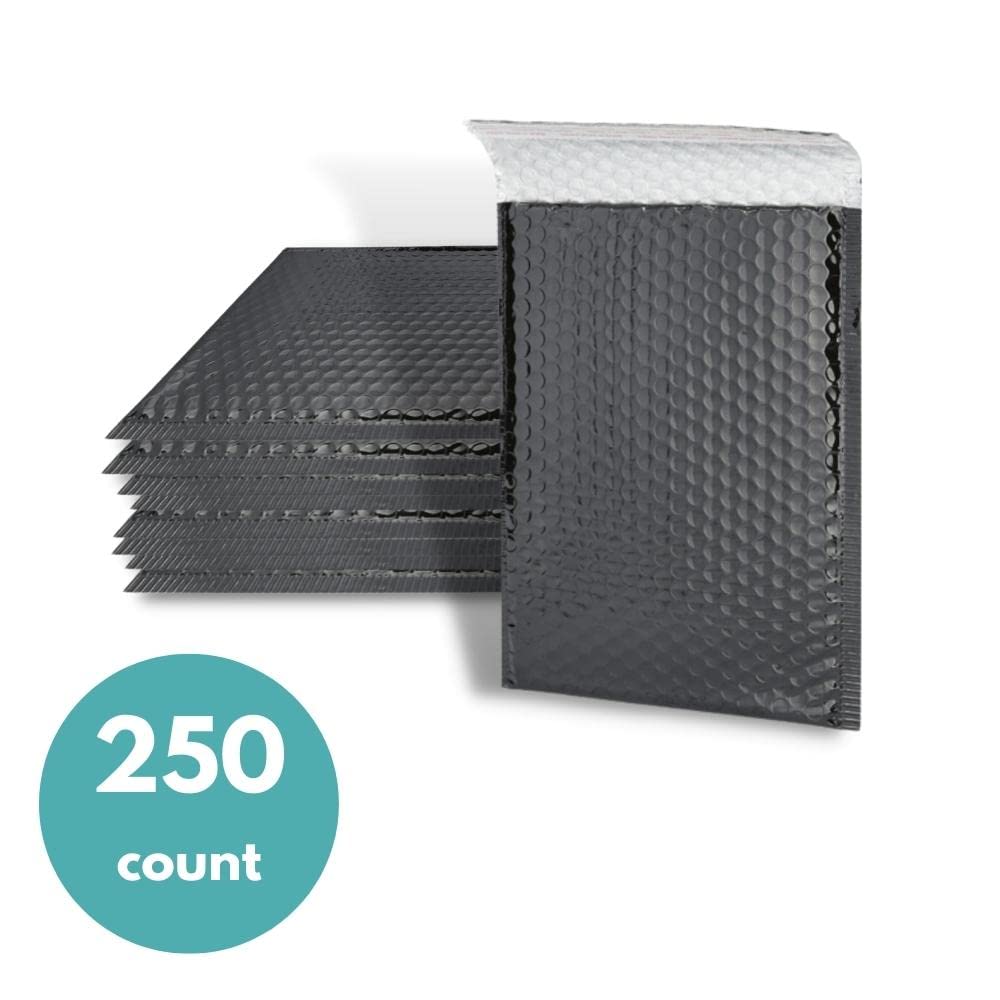 250 Glamour Black Metallic Bubble Mailers - 7.5x11 Inch Self-Sealing Padded Envelopes for Shipping, Bright & Shiny Exterior | Perfect for Ecommerce, Jewelry, Cosmetics & Small Business Packaging