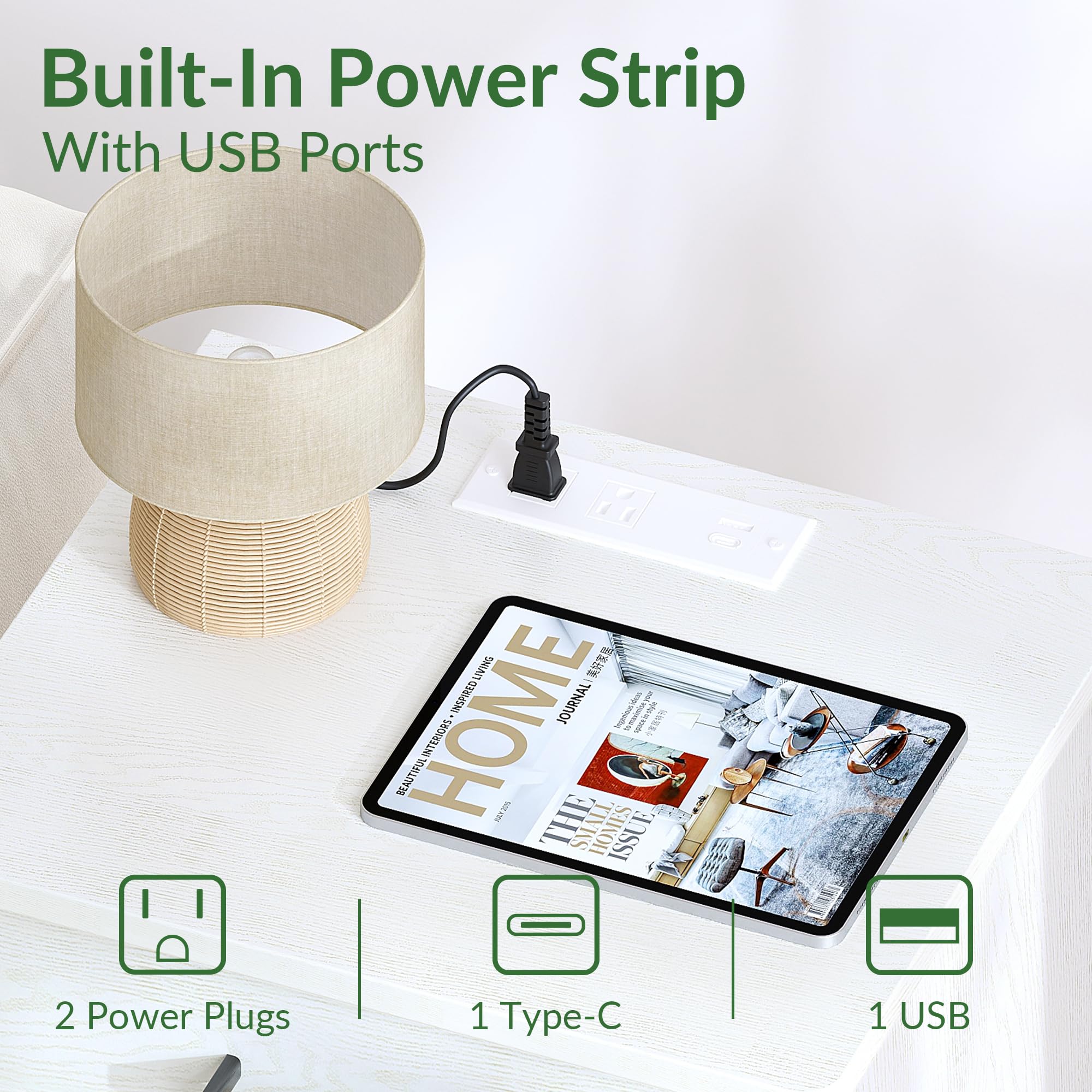 Fast Charging Wooden Side Table with USB C Port - White Nightstand with Drawer & Adjustable Shelf for Bedroom, Living Room, Office - Modern End Table for Phone Charging & Storage (Set of 1)
