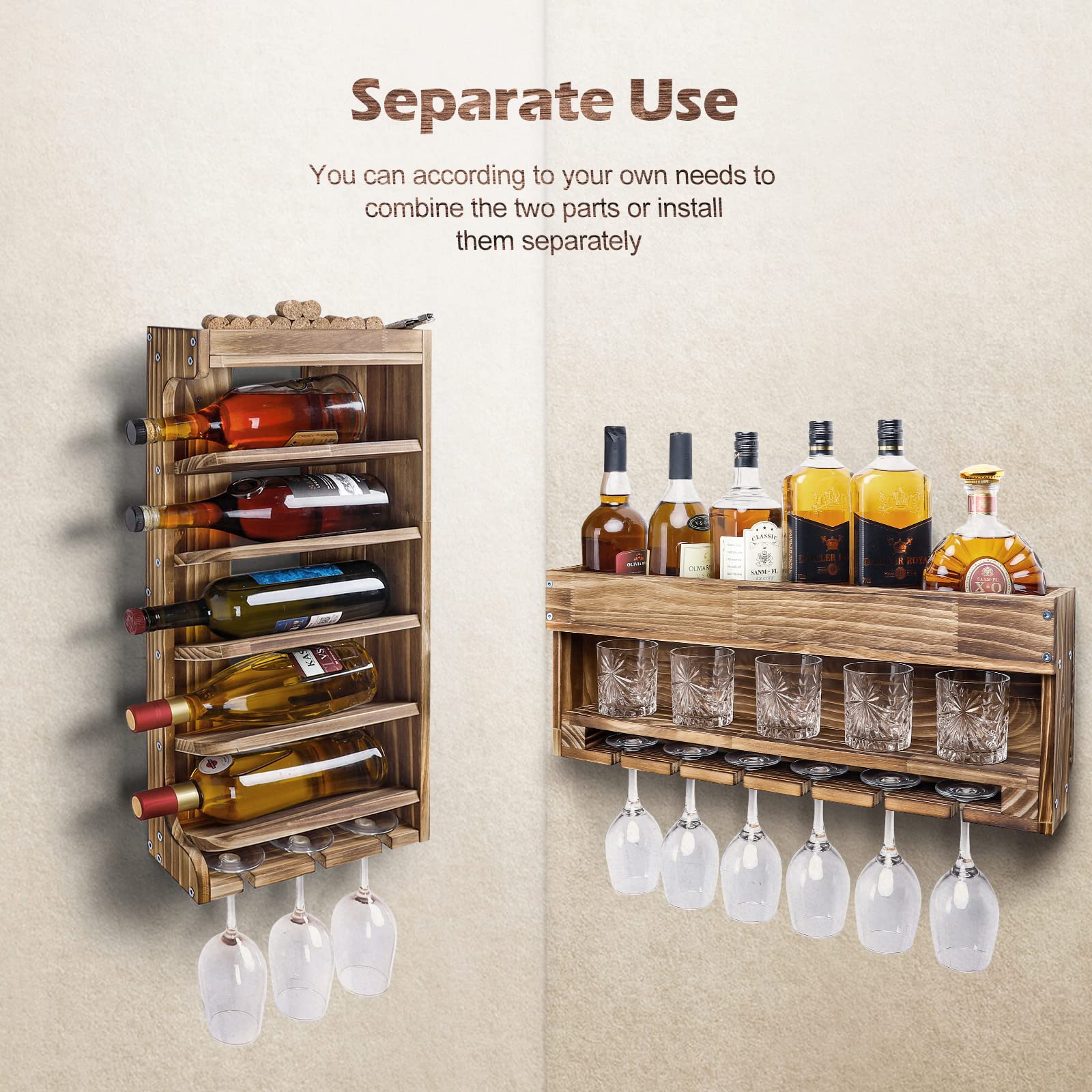 Wall Mounted Wood Wine Rack with Bottle & Stemware Holder - Rustic Whiskey Display Storage with Cork Compartment for Home Bar, Kitchen Decor | Perfect for Wine Enthusiasts & Entertaining Guests