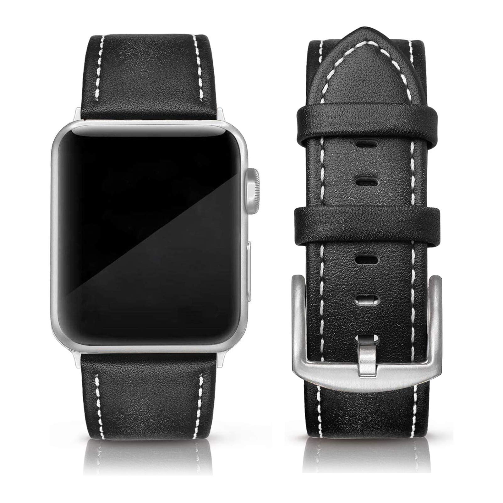 Genuine Leather Watch Band Compatible with Apple Watch 42mm 44mm - Vintage Classic Buckle Strap for iWatch Series 5/4/3/2/1 - Unisex Sports & Edition Style in Classic Black - Perfect for Workouts, Office Wear & Everyday Fashion
