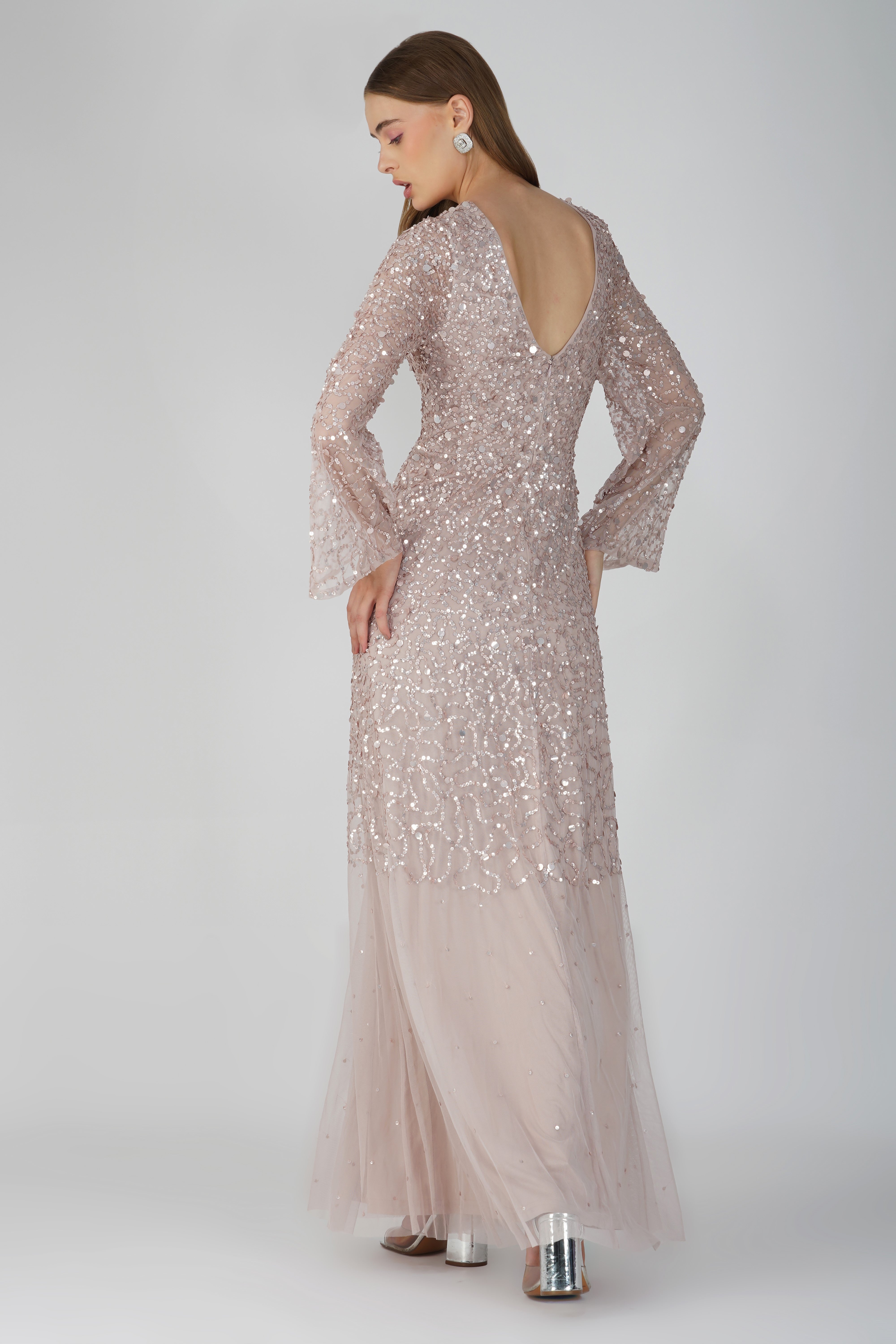 Elegant Diane Long Sleeve Embellished Maxi Dress in Mink - Perfect for Weddings, Parties & Special Occasions