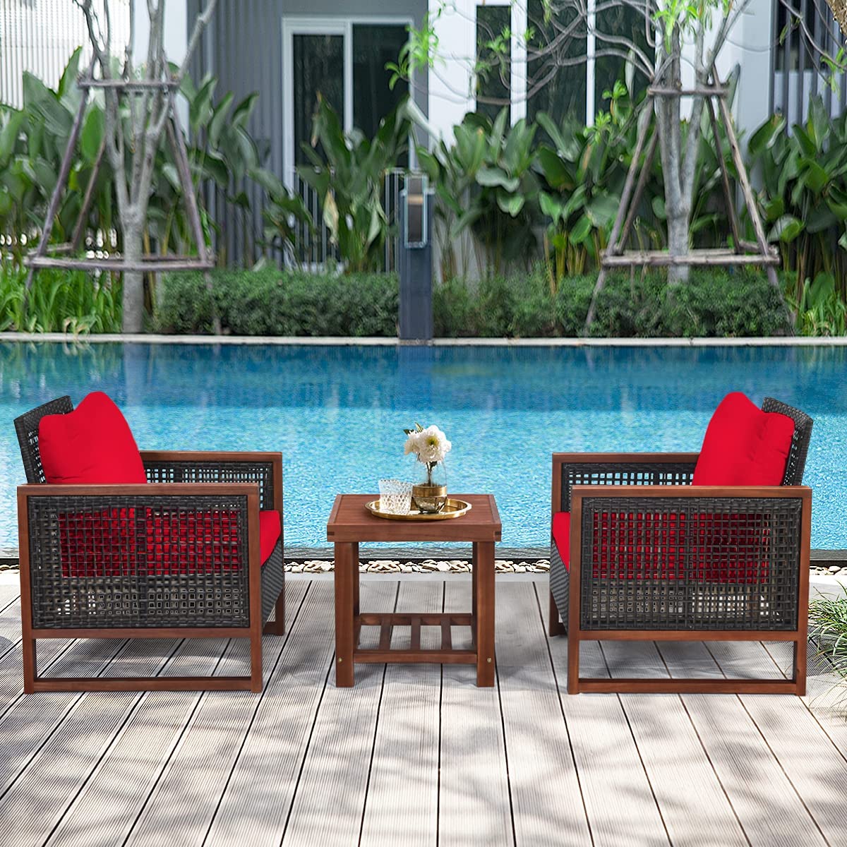 HappyGrill 3-Piece Outdoor Patio Furniture Set - Acacia Wood Wicker Chairs with Coffee Table & Washable Cushions - Perfect for Balcony, Porch, Garden, Poolside & Backyard Relaxation