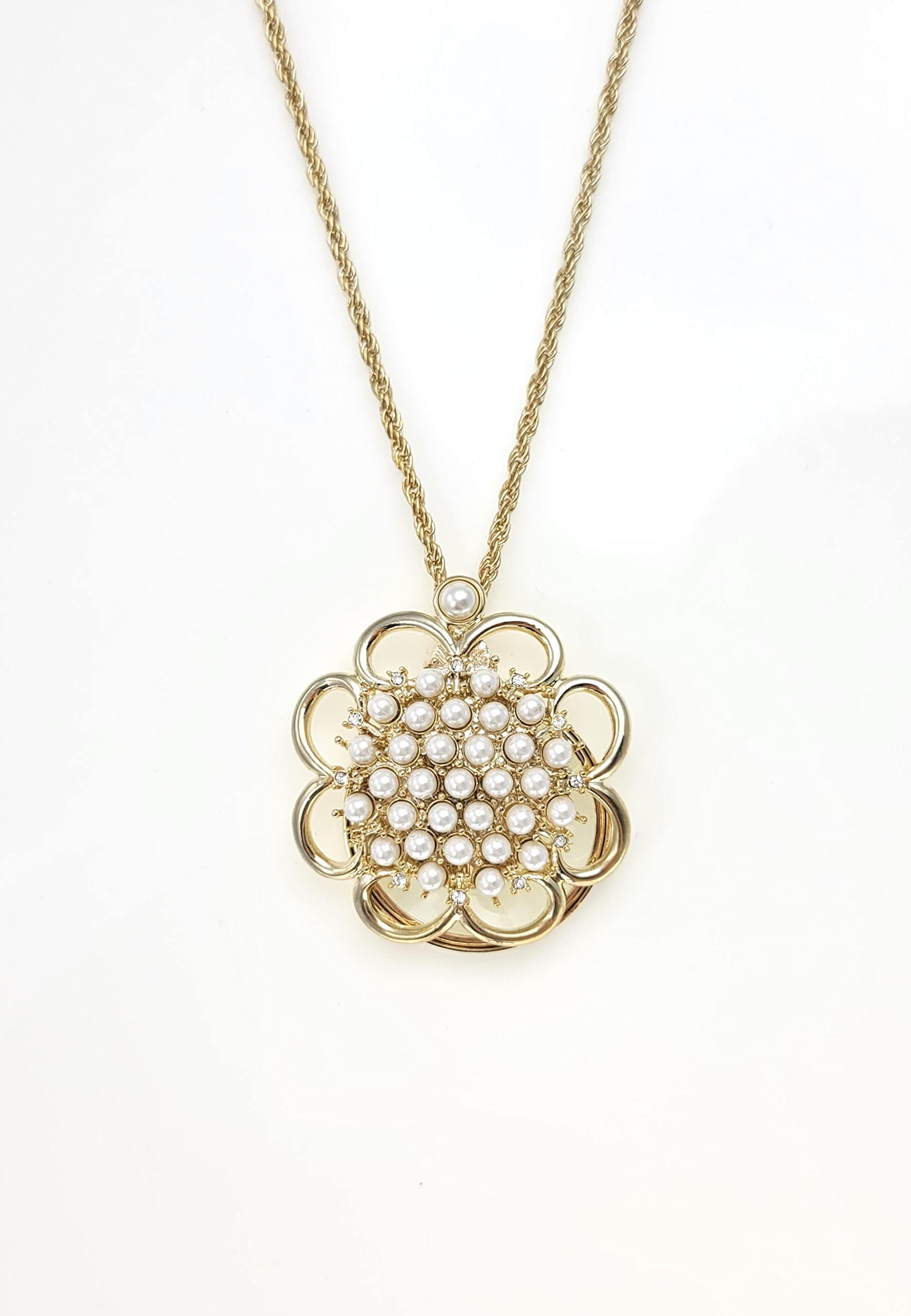 Gold and Pearl Sunflower Pendant Necklace with Magnifying Glass - Elegant Jewelry for Reading, Crafting & Close Work - Perfect Gift for Women & Seniors