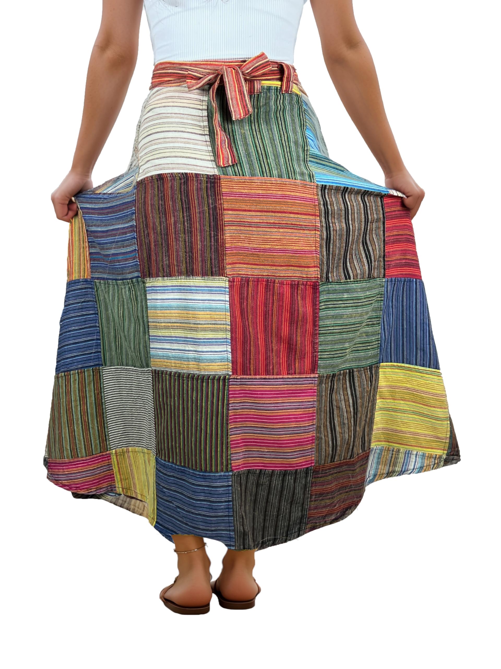 Agan Traders Women's 2025 Spring & Fall Boho Maxi Skirt - High Waisted Long Bohemian Wrap Skirt with Patchwork & Tie Up Detail | Perfect for Beach, Music Festivals & Boho Chic Outfits