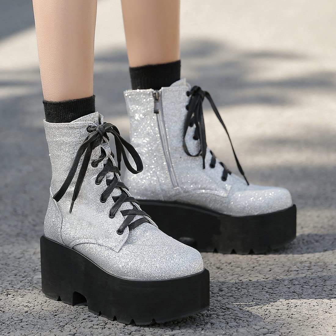 Agodor Women's Chunky Heel Lace-Up Combat Boots - Glitter Sequin Platform Ankle Booties for Goth Fashion, Night Out & Party Wear