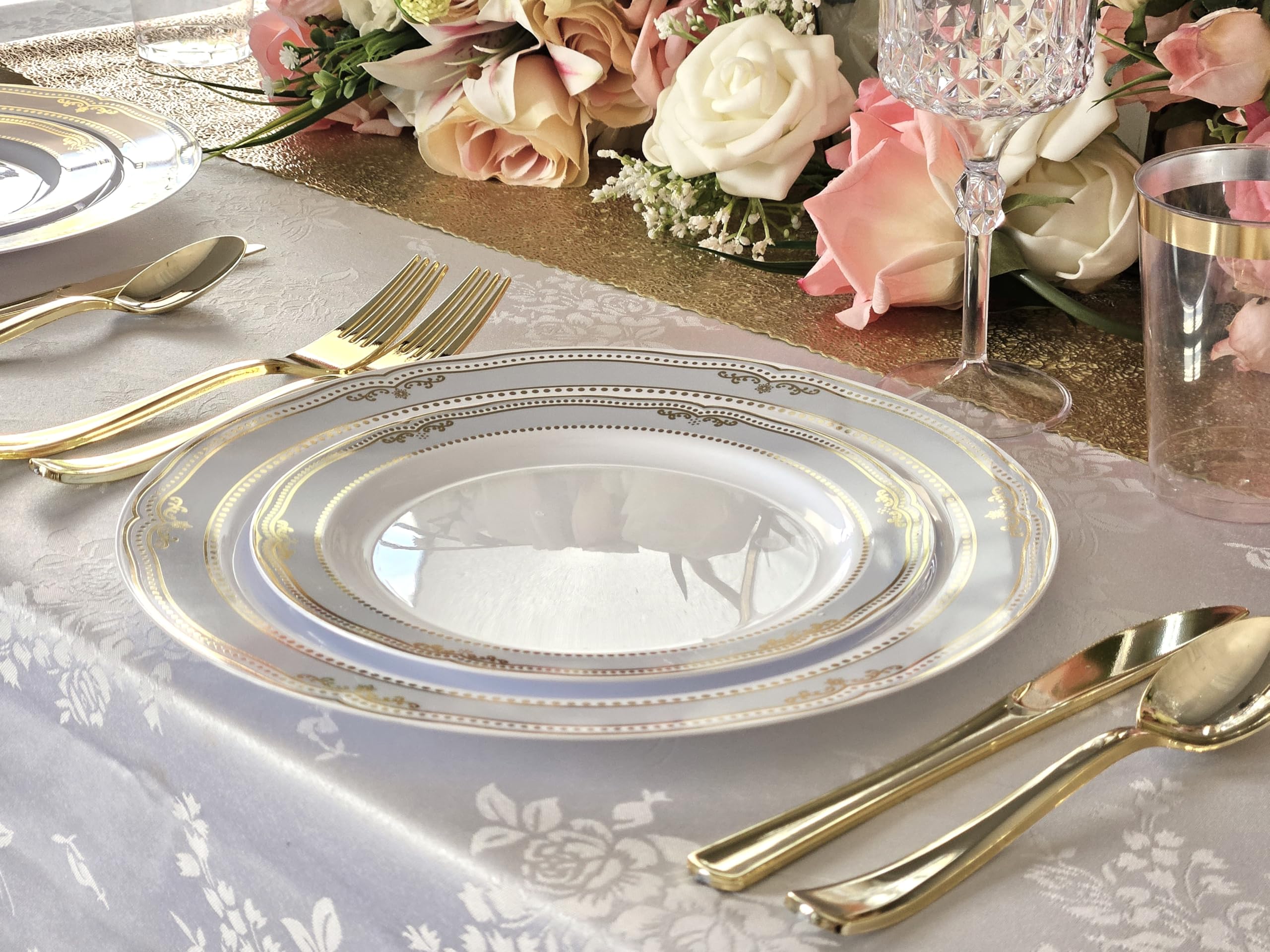 60-Piece Disposable Plastic Plates & Bowls Set - 12oz Scalloped Soup Bowls for Weddings, Parties & Events (White/Blue & Gold) - Perfect for Catering, Picnics & Family Gatherings
