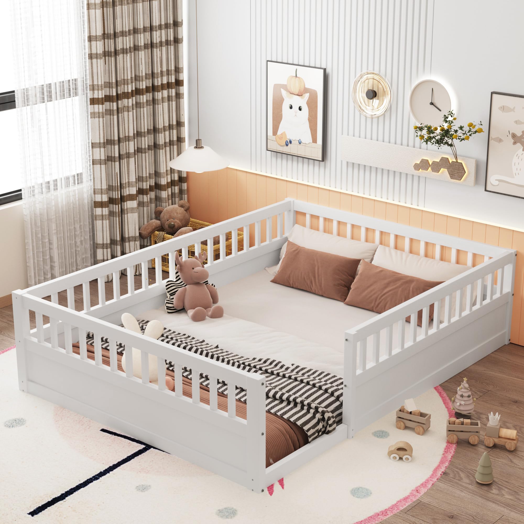 Montessori Full Size Toddler Floor Bed with Safety Fence & Solid Wood Guardrails - White Playhouse Bed for Kids Room | Safe Sleeping & Play Area for Toddlers, Daytime Naps & Montessori Learning Activities