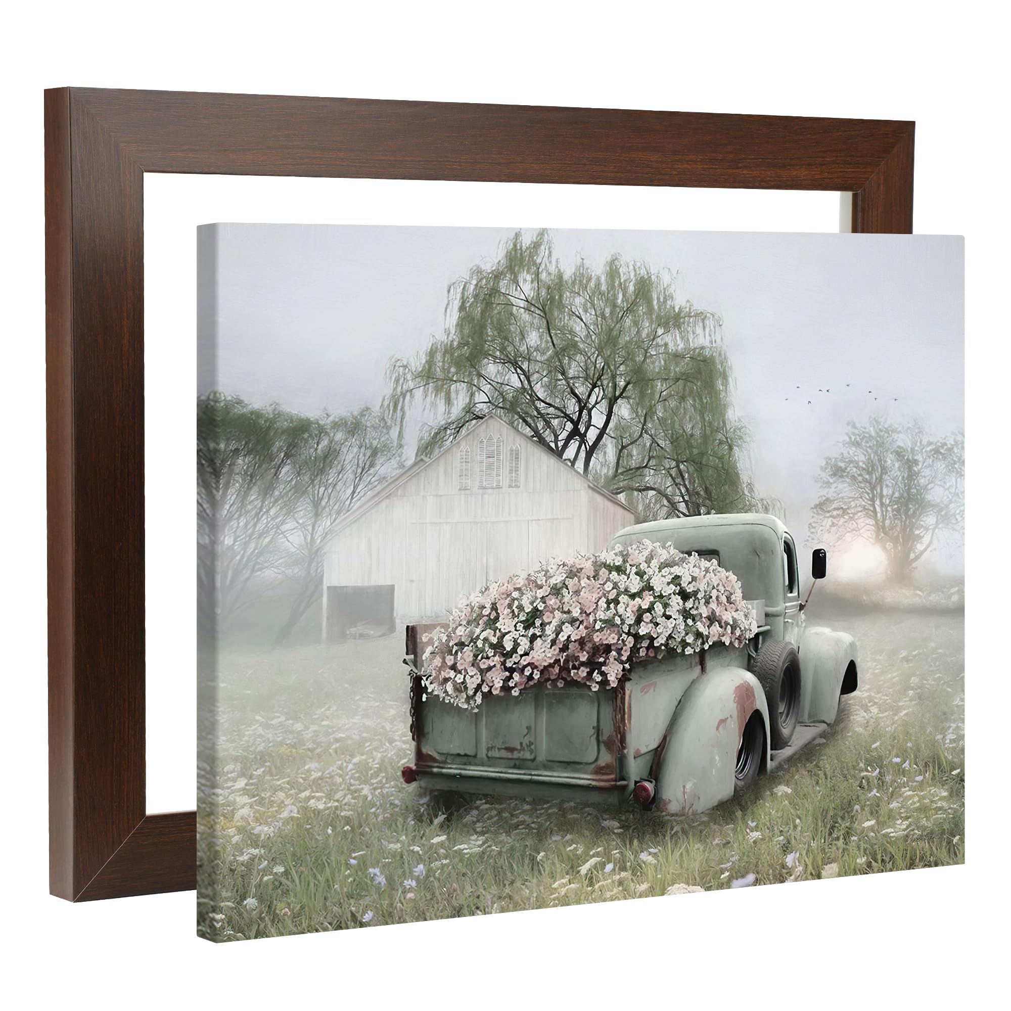 Farmhouse Canvas Wall Art - Vintage Flower Truck Barn Painting, Country Style Framed Print for Living Room, Bedroom & Bathroom Decor - 12x16 Inches - Perfect for Rustic Home, Office & Gift Giving
