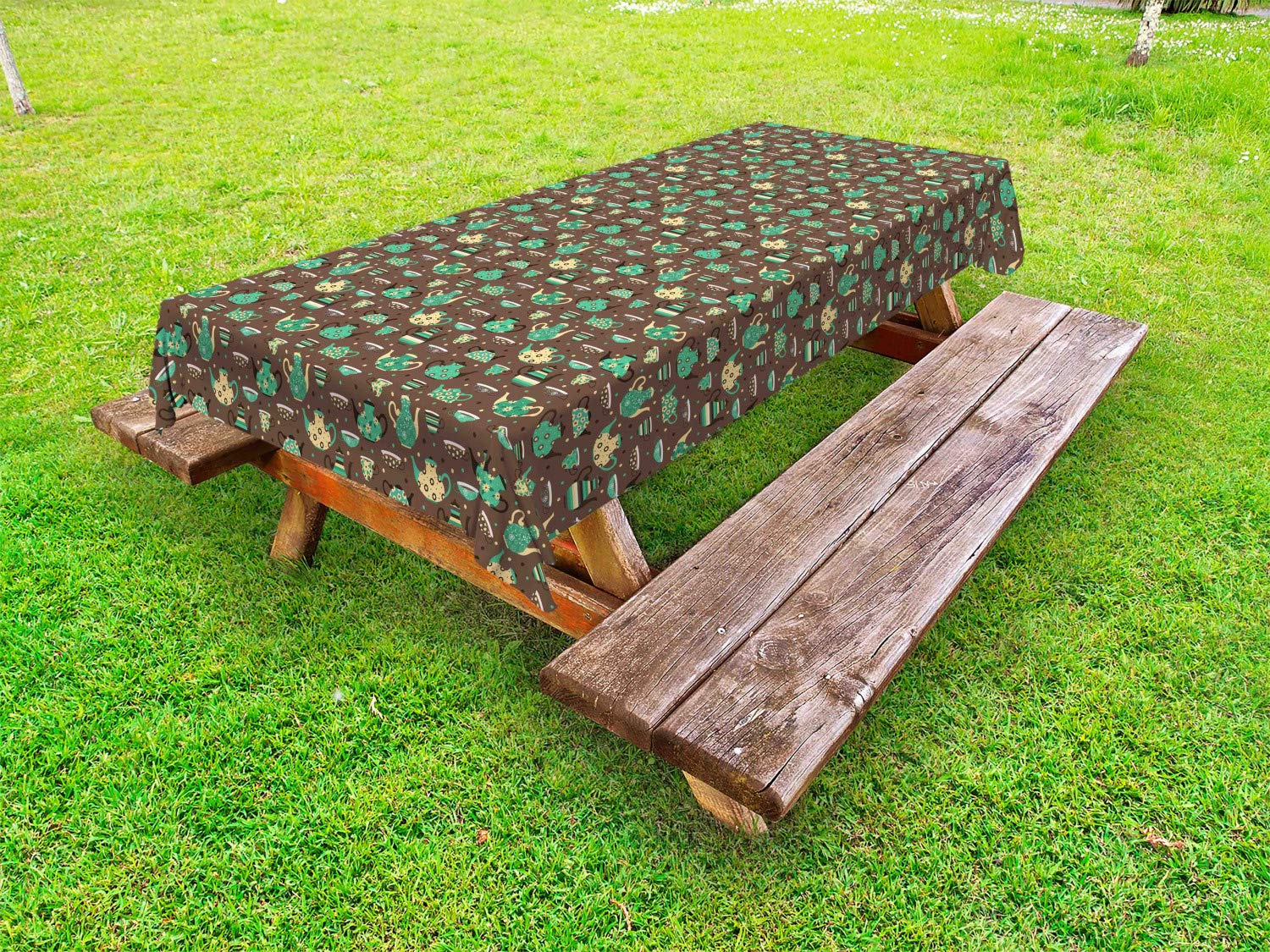 Ambesonne Floral Tea Party Tablecloth - Washable Outdoor Picnic Table Cover with Cups & Pots Design, 58