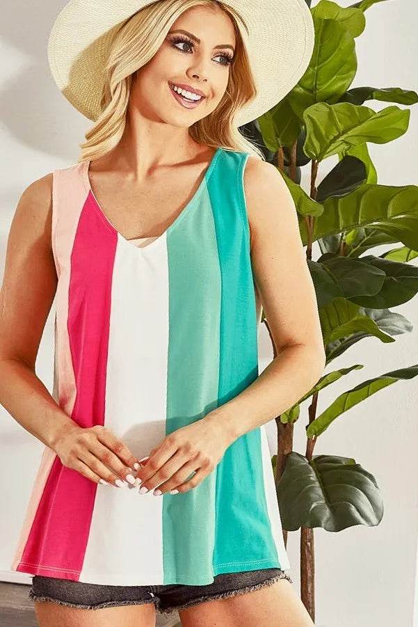 BiBi Cotton Span Knit Color Block Sleeveless Top for Women - Breathable Summer Casual Wear, Perfect for Beach Outings & Yoga