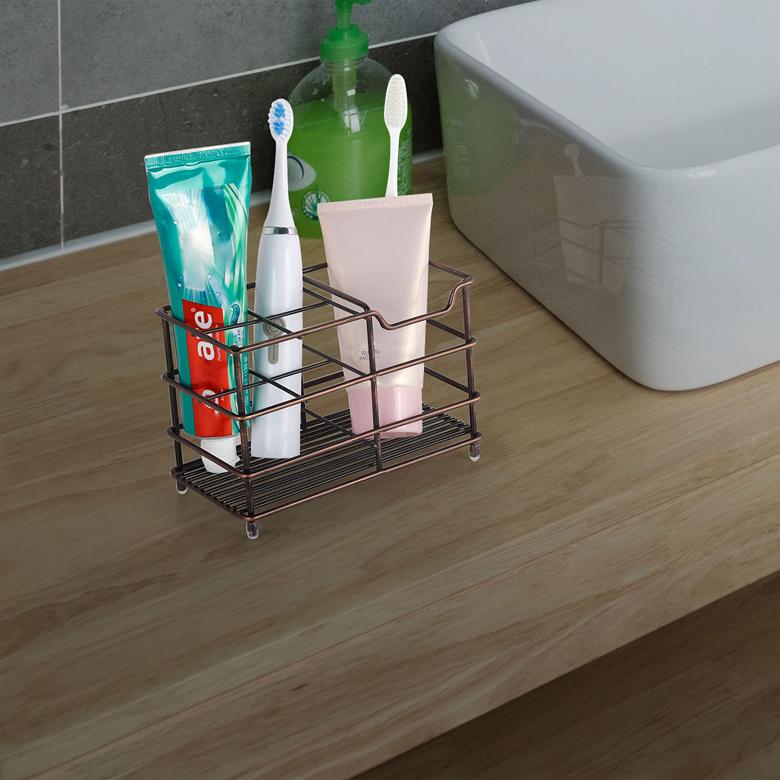 Stainless Steel Electric Toothbrush Holder & Toothpaste Organizer Stand - Dseap Bathroom Toothbrush Caddy in Red Antique Copper for Modern Bathroom Organization