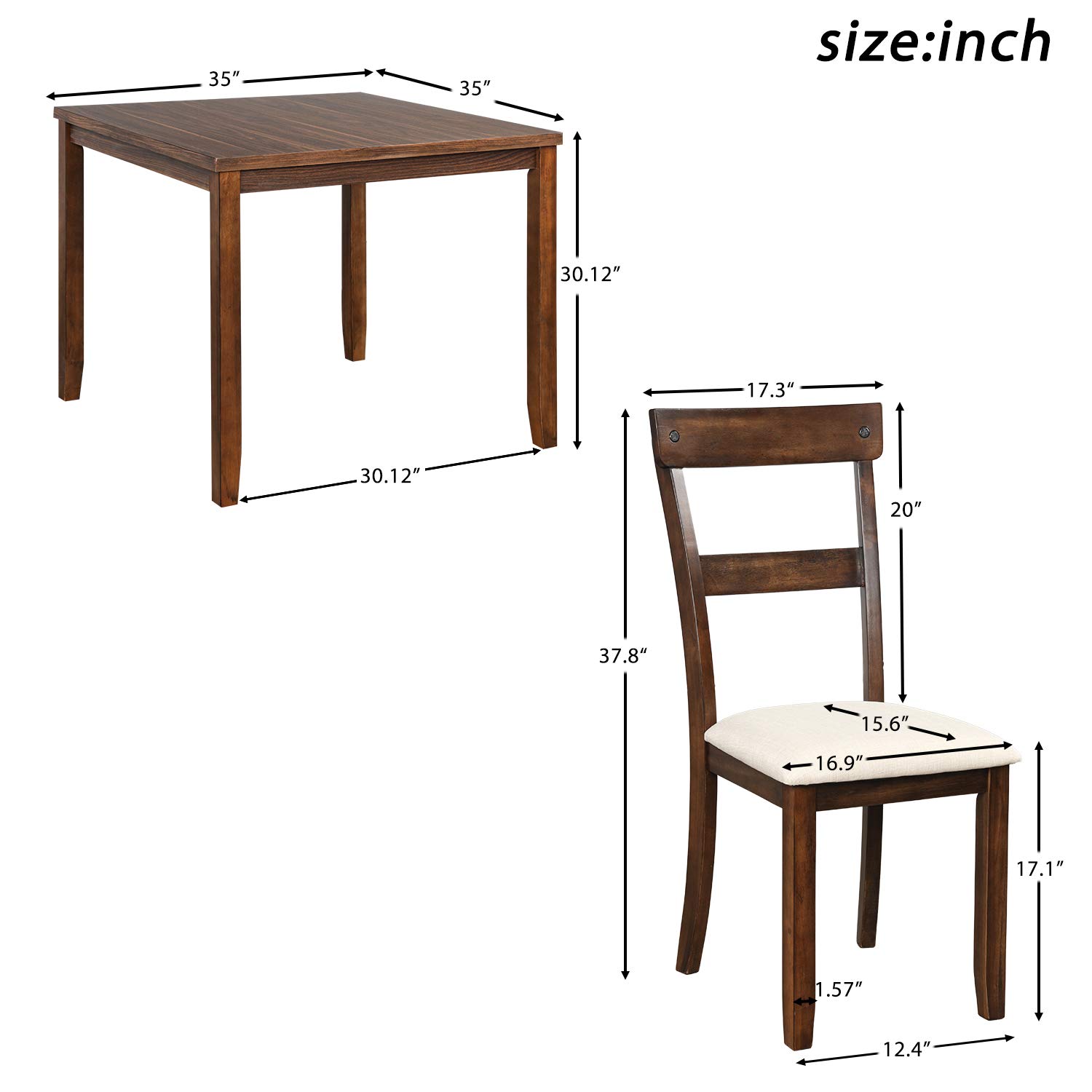 5-Piece Retro Industrial Wood Dining Table Set with 4 Upholstered Chairs - Walnut Finish & Cushion Seating - Perfect for Kitchen, Dining Room & Small Space Gatherings
