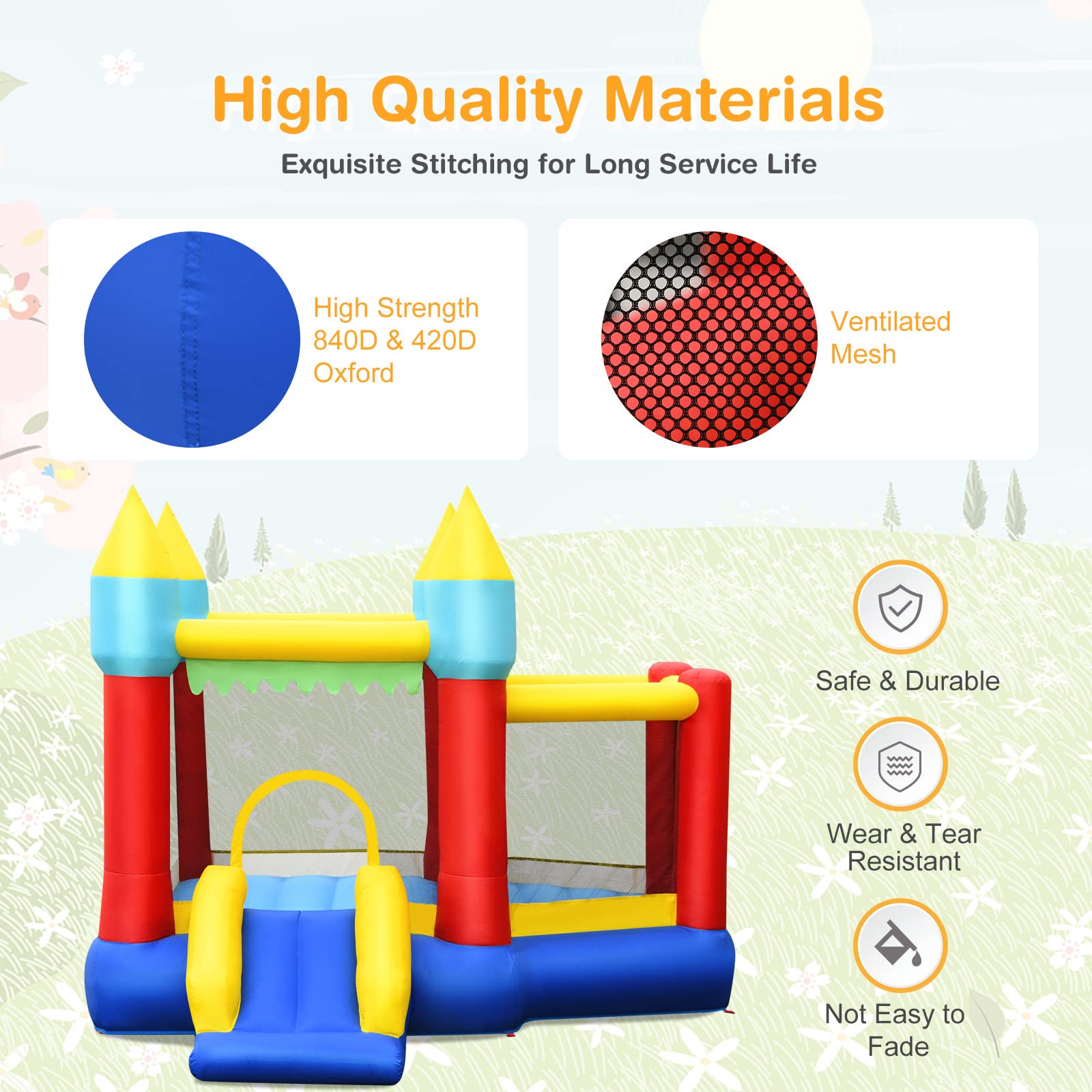 HONEY JOY Inflatable Bounce House with Slide & Ball Pit - Kids Outdoor Play Center for Birthday Parties, Backyard Fun, and Summer Activities - Includes Basketball Hoop & Stakes (Blower Not Included)