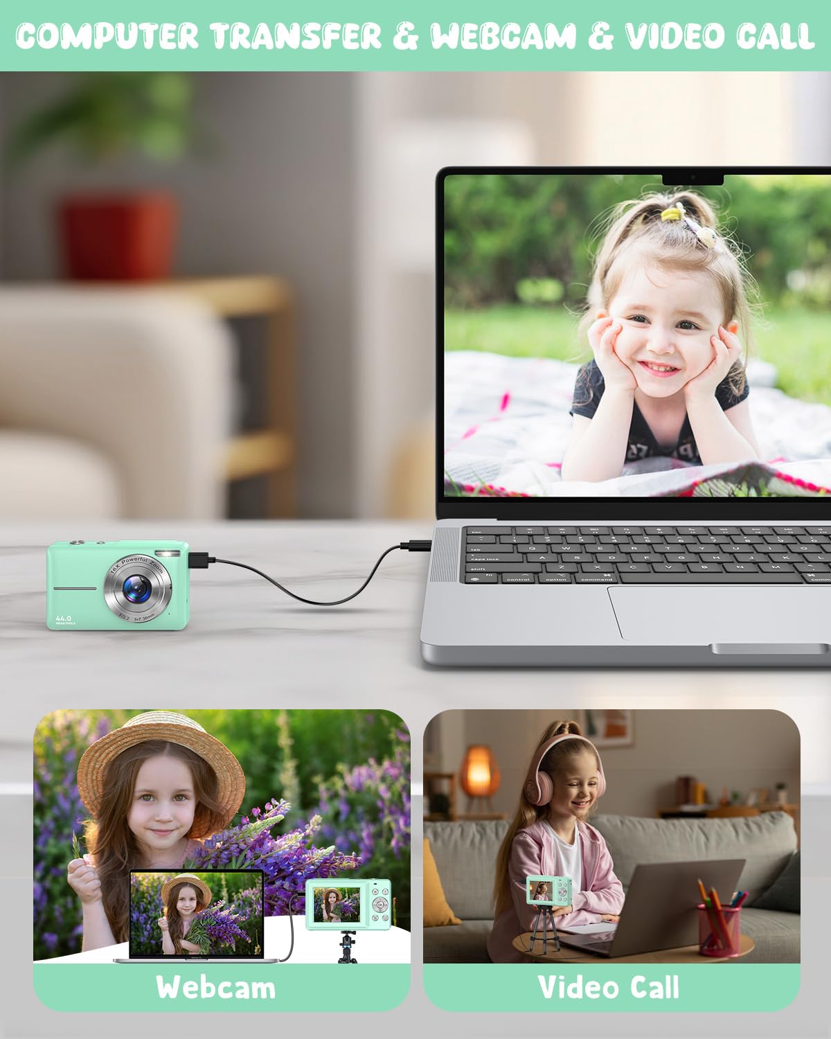 **44MP 1080P FHD Digital Camera for Kids & Beginners - Rechargeable, 16X Zoom, Compact (Green) - Perfect for Travel, School, Birthday Gifts & Photography Learning**