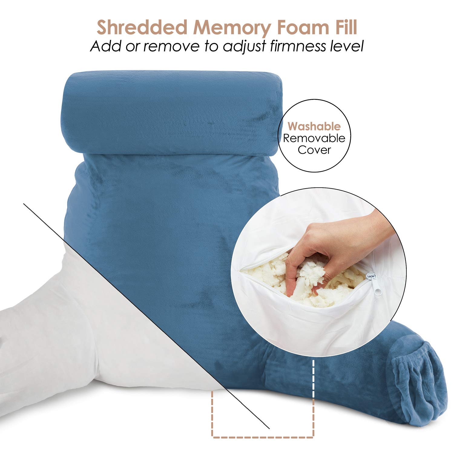 Nestl Reading Pillow with Shredded Memory Foam - Large Back Support Pillow for Sitting in Bed, Reading, or Relaxing | Blue Heaven Bed Chair Pillow with Pockets | Perfect for Reading, Watching TV, or Lounging in Bed