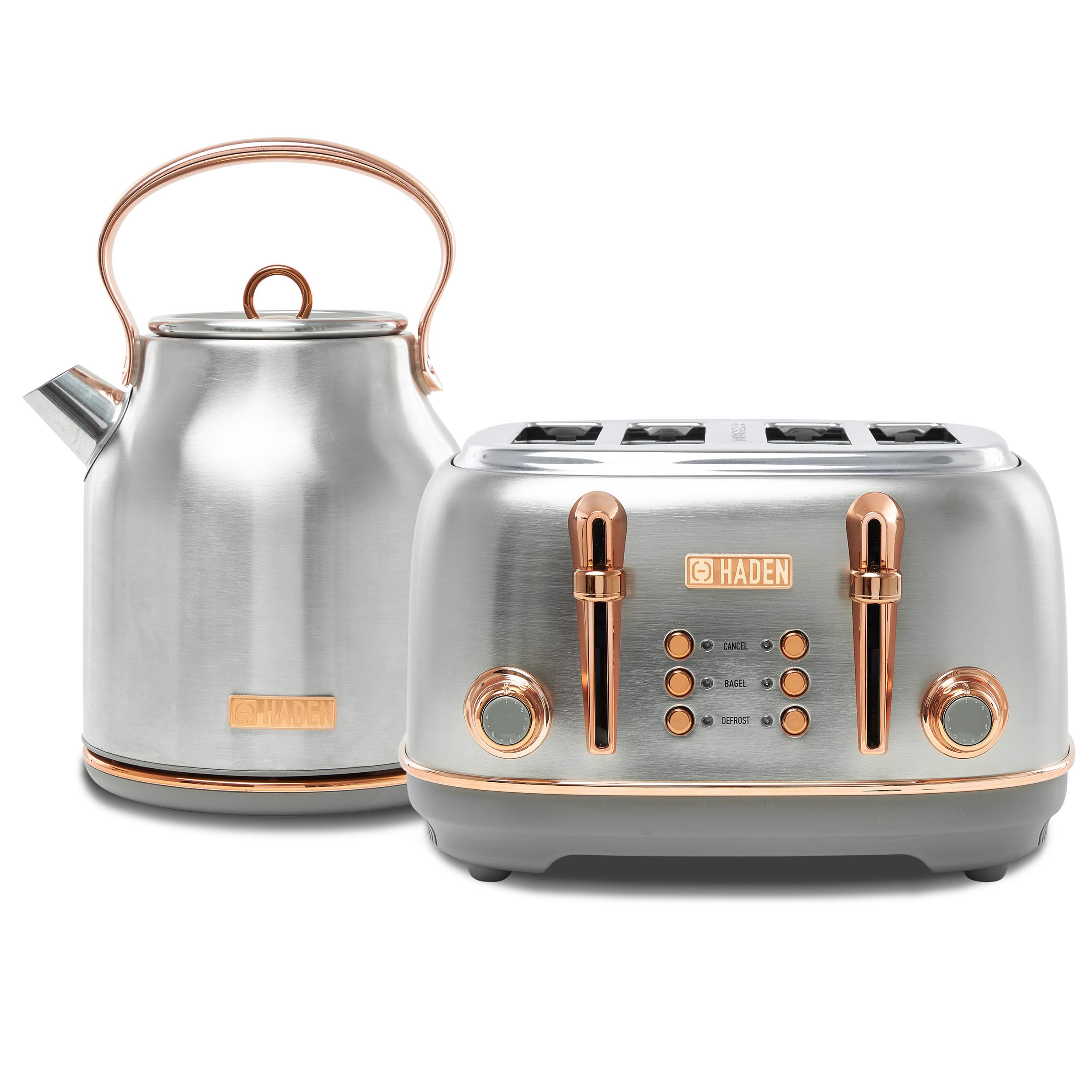 Haden Heritage 4-Slice Wide Slot Stainless Steel Toaster with 1.7L Electric Kettle Set - Retro Kitchen Appliances for Breakfast & Tea Time - Perfect for Homes, Offices & Dorms