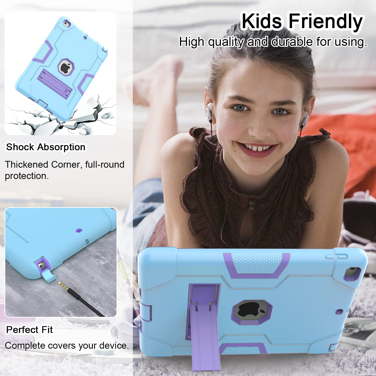 OKP Shockproof Rugged Case for iPad 6th/5th Generation & iPad Air 2 (9.7 inch) - Hybrid Protective Cover with Built-in Kickstand for iPad 9.7 inch 2017/2018 Models (Blue & Purple) | Perfect for Travel, Work, and School Use