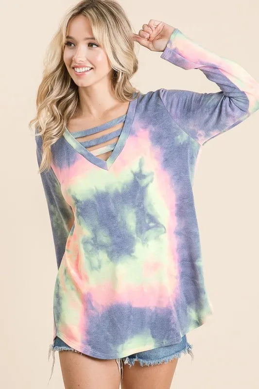 BiBi Tie Dye French Terry V-Neck Strapped T-Shirt for Women | Soft Casual Summer Top | Perfect for Beach, Music Festivals & Everyday Wear