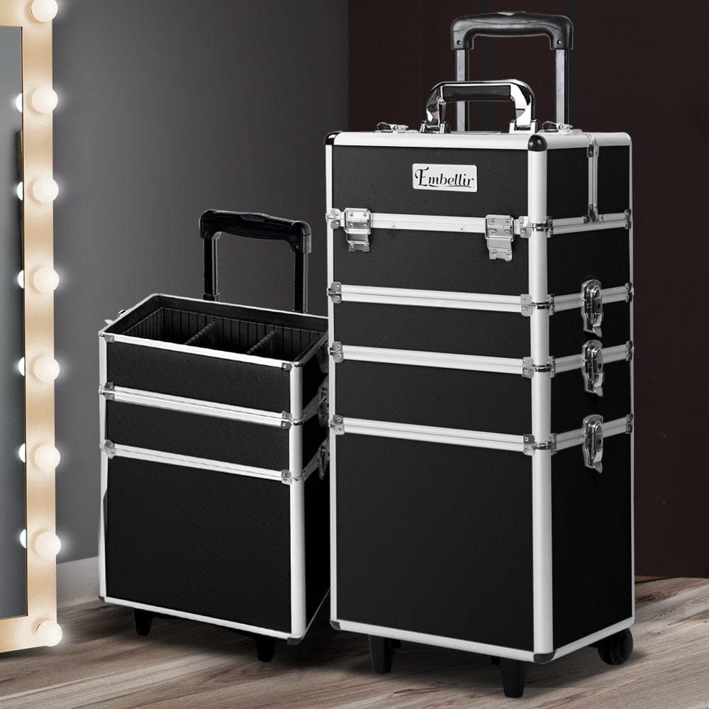 Embellir Professional Makeup Case with Wheels - Large Cosmetic Organizer for Travel & Salon - Black Beauty Trolley for Makeup Artists & Stylists