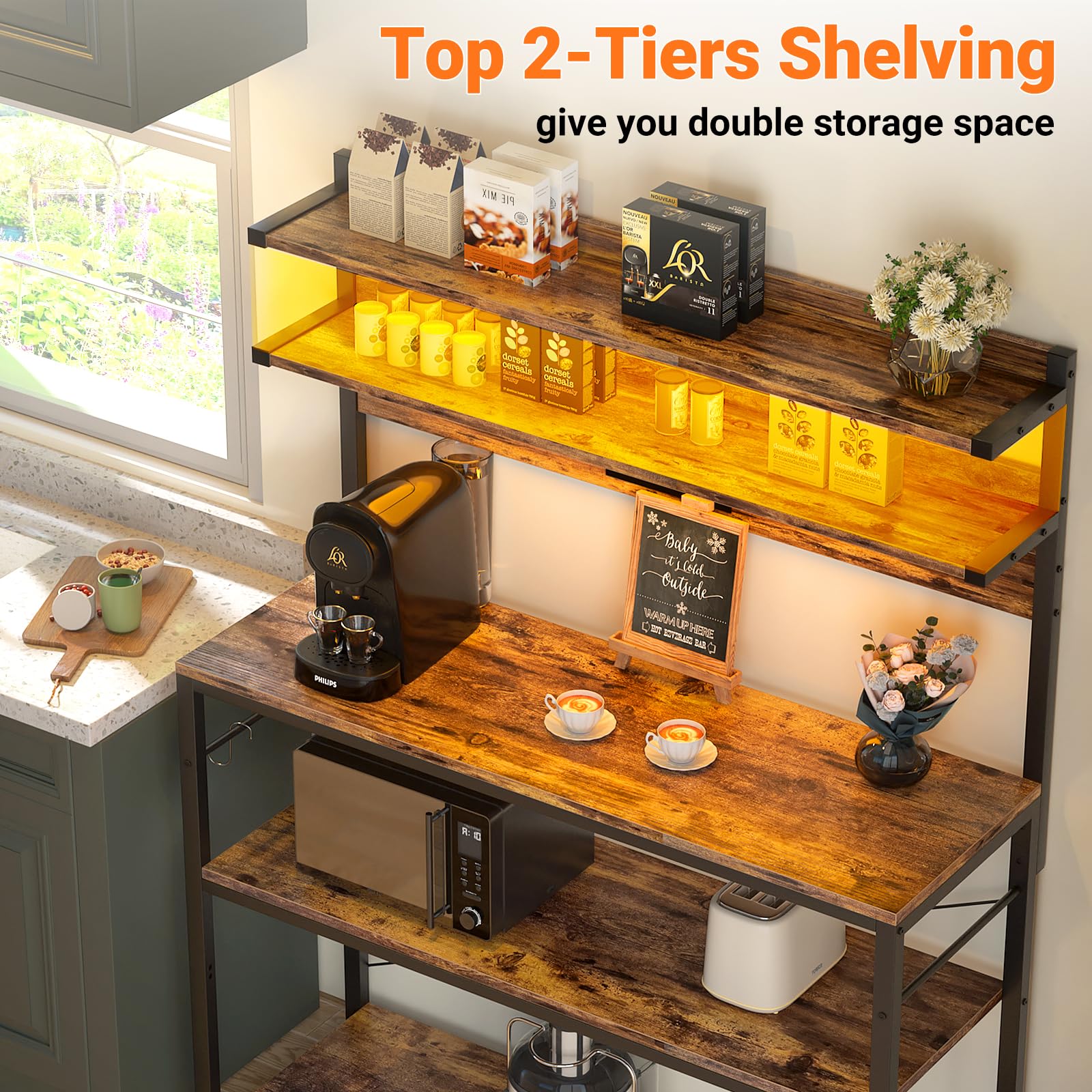 Aheaplus 5-Tier Bakers Rack with Power Outlet & LED Lights - Microwave Stand, Coffee Bar Station, Kitchen Storage Shelf with 6 S-Hooks - Rustic Brown - Perfect for Small Kitchens, Coffee Bars & Pantry Organization