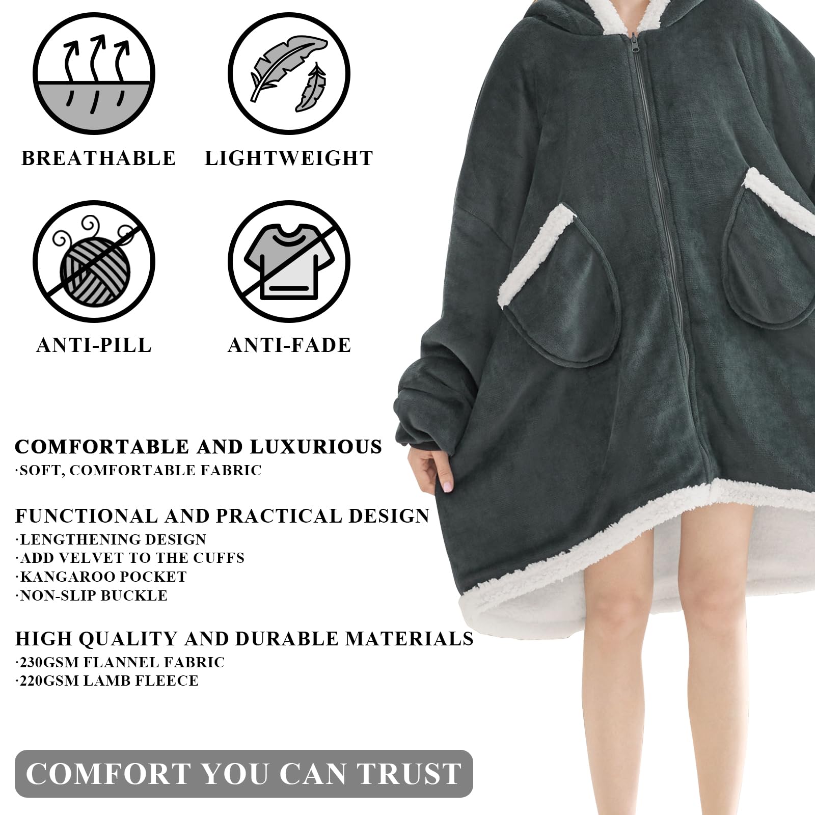 Topcee Oversized Wearable Blanket Hoodie - Sherpa Fleece Hooded Sweatshirt with Giant Pocket | Ultra Soft & Warm Winter Wear | Perfect for Lounging, Netflix Nights & Outdoor Camping (Dark Grey)
