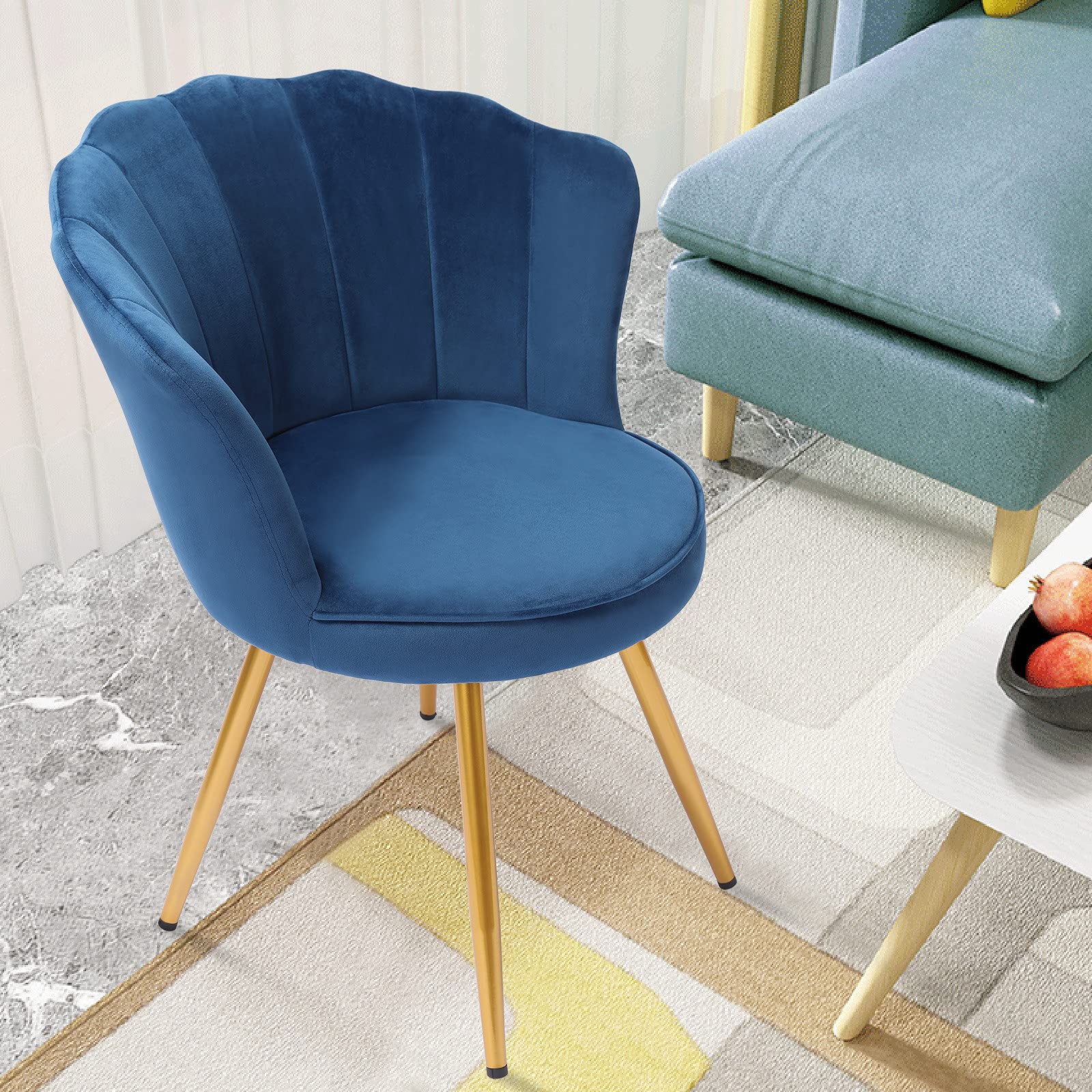 Mid-Century Modern Velvet Accent Chair with Golden Metal Legs - Lounge & Dining Chair for Living Room, Bedroom, Office - Blue Velvet Armchair for Relaxing, Reading & Home Decor - US Direct Shipping