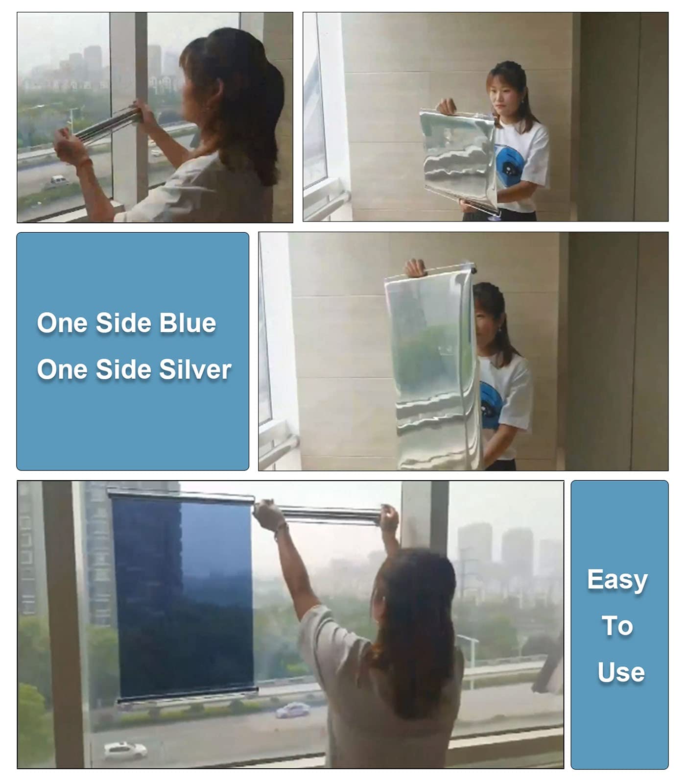 Blue One-Way Mirror Sun Shade Roller Blind with Suction Cups - Anti-UV Portable Window Cover Curtain for Home, Office & Car (83x150cm/32.6x59in) - Perfect for Privacy, Sun Protection & Temperature Control