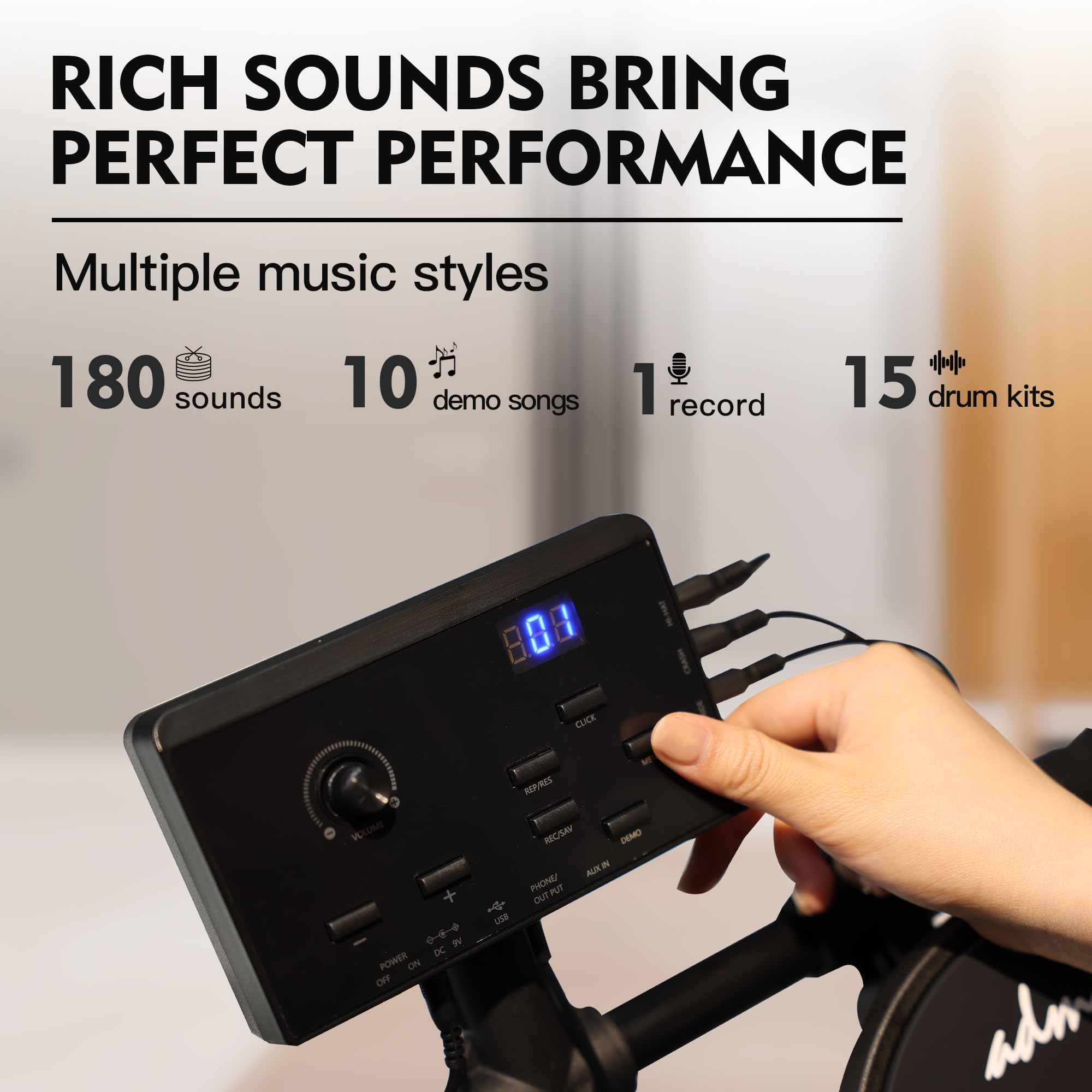 ADM Electronic Drum Set with 4 Quiet Mesh Pads - 180+ Realistic Sounds, Beginner Electric Drum Kit with Dual Pedals, Throne, Headphones & Sticks | Perfect for Home Practice, Music Lessons & Silent Training