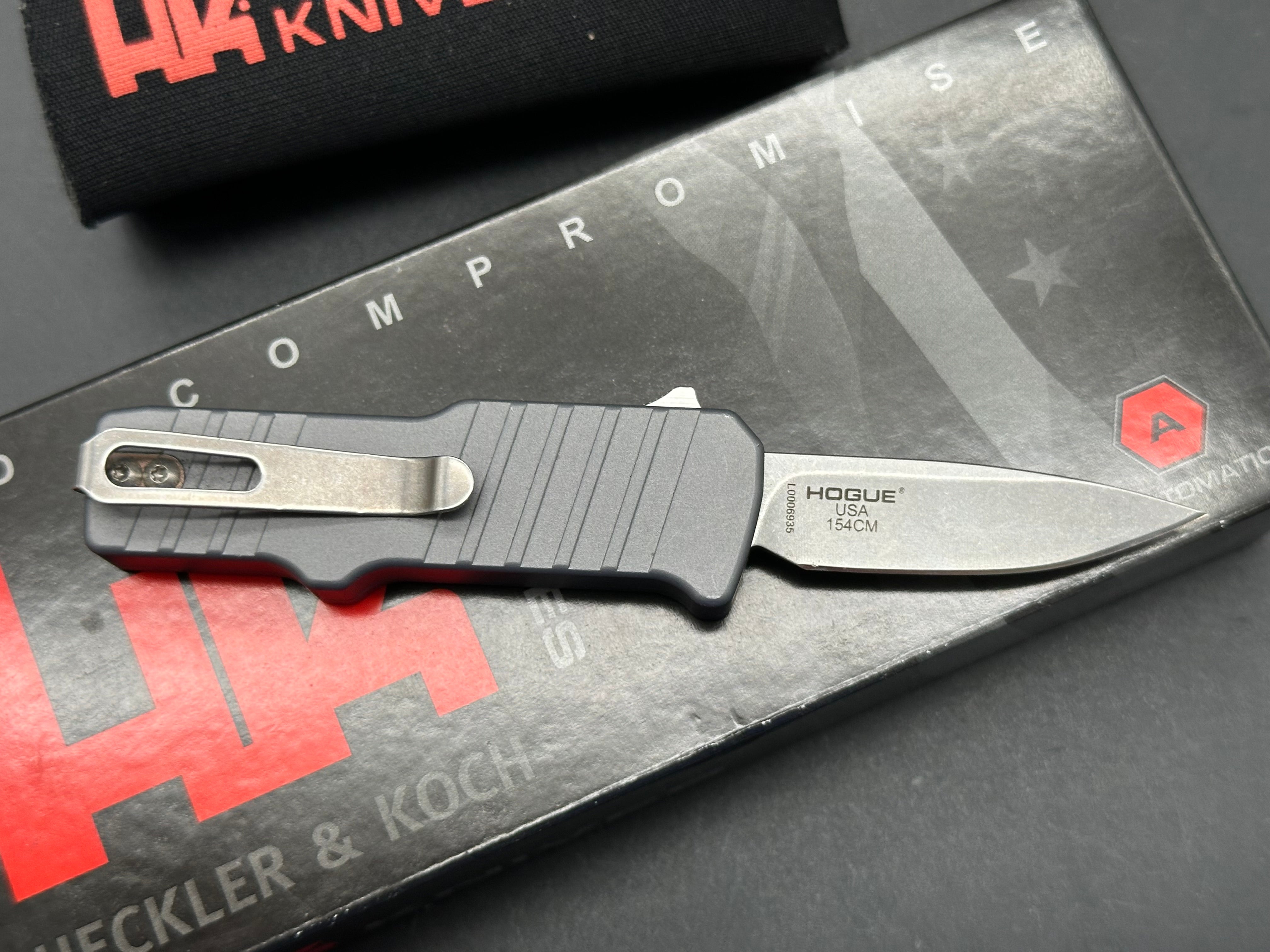 Hogue Micro Incursion D/E OTF Automatic Knife - Gray Aluminum Handle, Double Edge Tactical Knife for Outdoor, Camping & EDC Use