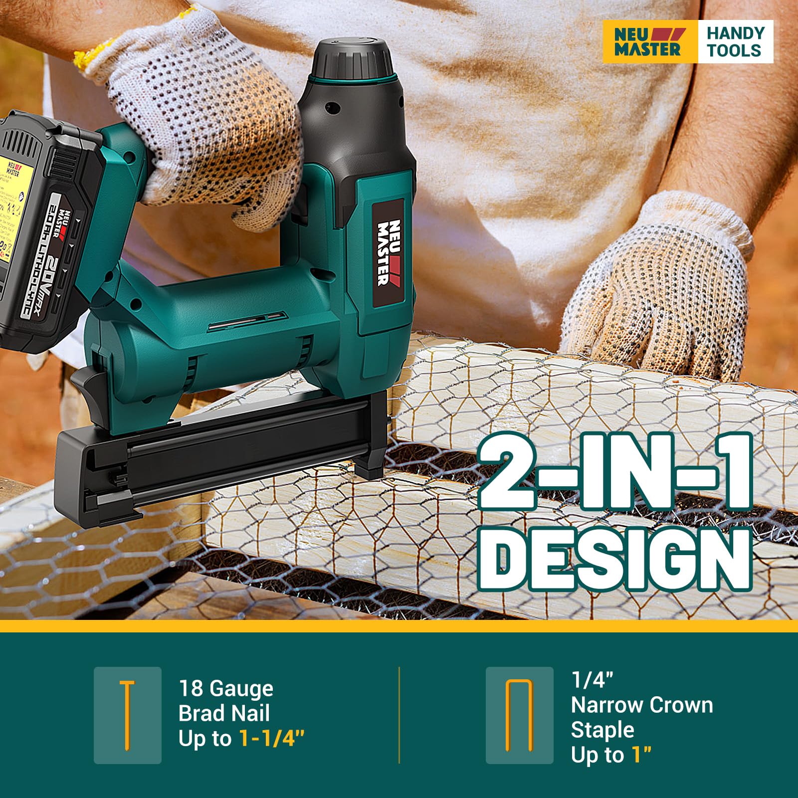 18 Gauge 2-in-1 Cordless Brad Nailer & Staple Gun - 20V Max Battery Powered with 2.0Ah Battery, Charger, 800 Nails & 200 Staples - Perfect for DIY Projects, Woodworking, Home Renovations, and Furniture Making