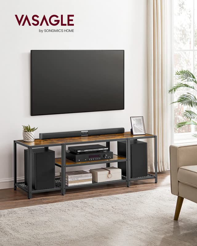 VASAGLE 65 Inch TV Stand with 3-Tier Open Shelves, Industrial Modern Entertainment Center Console Table - Rustic Brown & Black for Living Room & Bedroom | Perfect for Home Theater Setup & Media Storage Organization