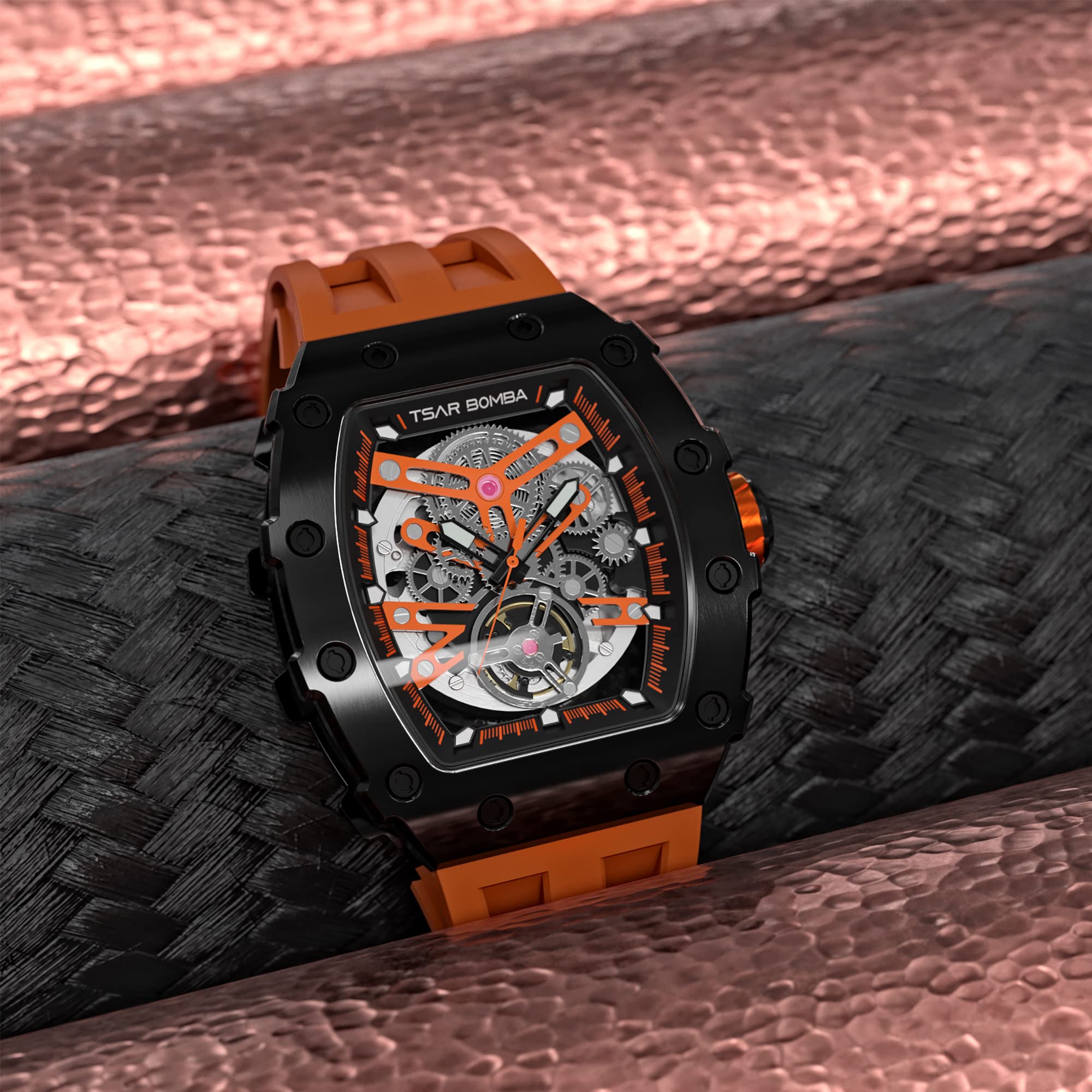 TSAR BOMBA Automatic Skeleton Mechanical Watch for Men - Carbon Fiber Bezel, 50M Waterproof, Silver Dial, Silicone Strap - Luxury Dress Watch for Business, Formal Events & Everyday Wear - Unique Stylish Mens Wristwatch