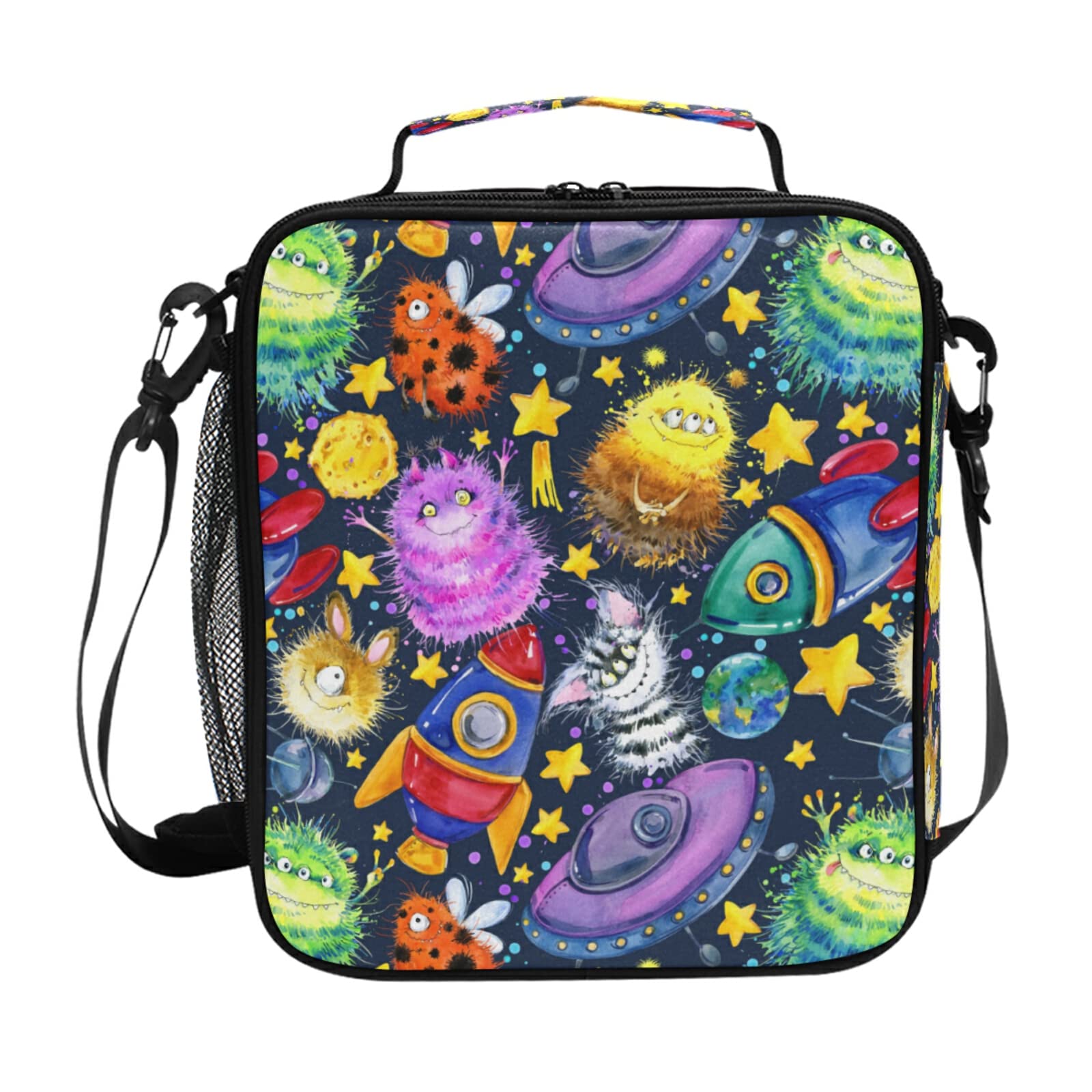 Insulated Square Lunch Bag with Handle - Cute Monsters Cartoon Space Design for Work, School, Picnic & Travel | Thermal Meal Box for Kids, Women, Men, Boys & Girls | Perfect for Office, Camping & Daily Use
