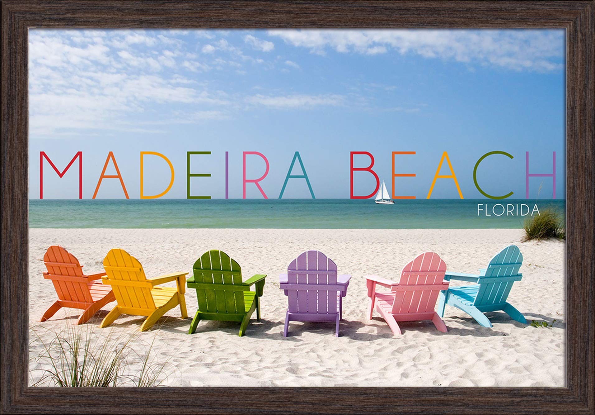 Colorful Beach Chairs at Madeira Beach Florida - 16x24 Giclee Fine Art Print with Recycled Wood Frame in Espresso Brown - Perfect for Coastal Home Decor & Beach House Wall Art